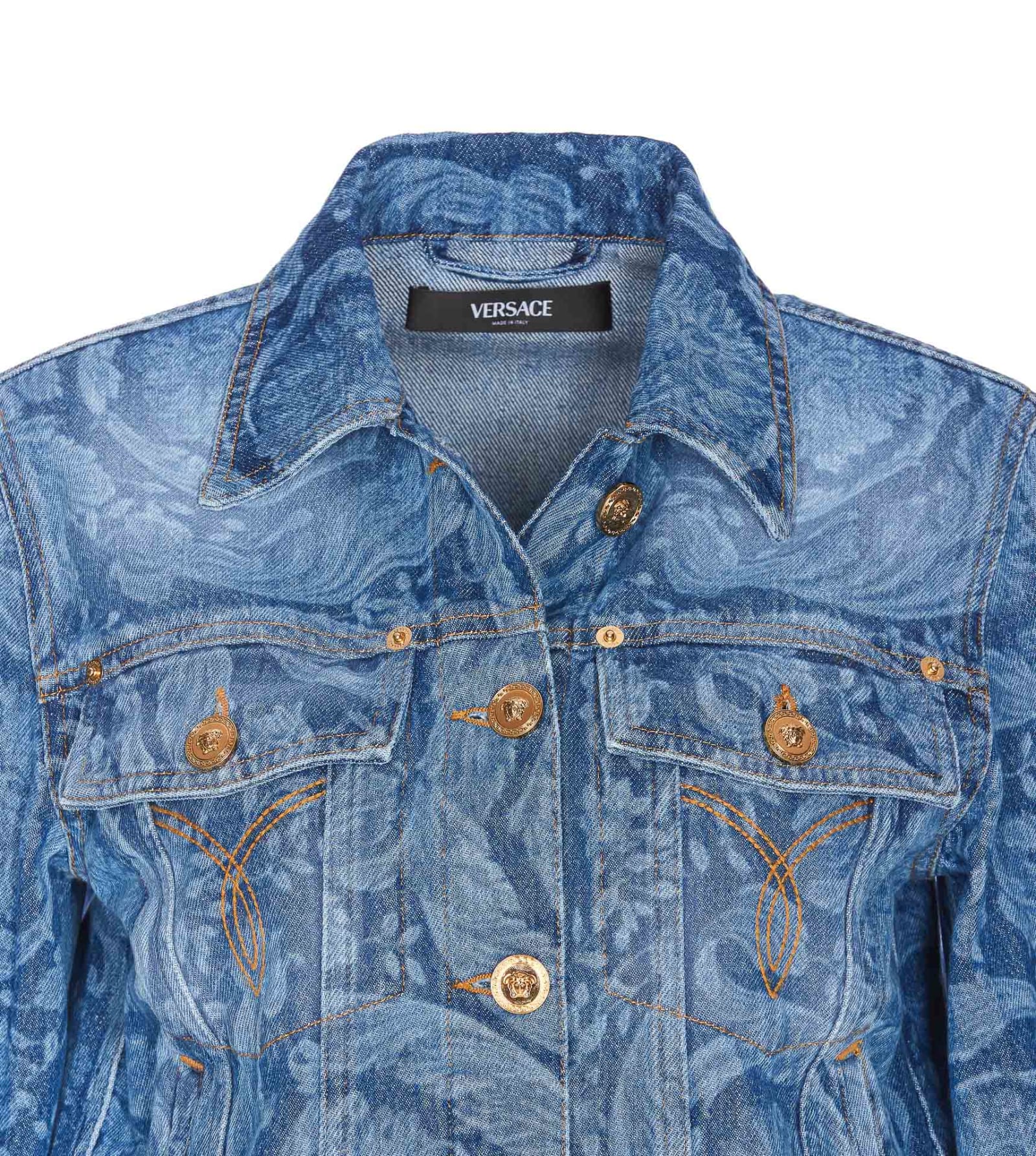 Shop Versace Baroque Print Denim Jacket In Blue