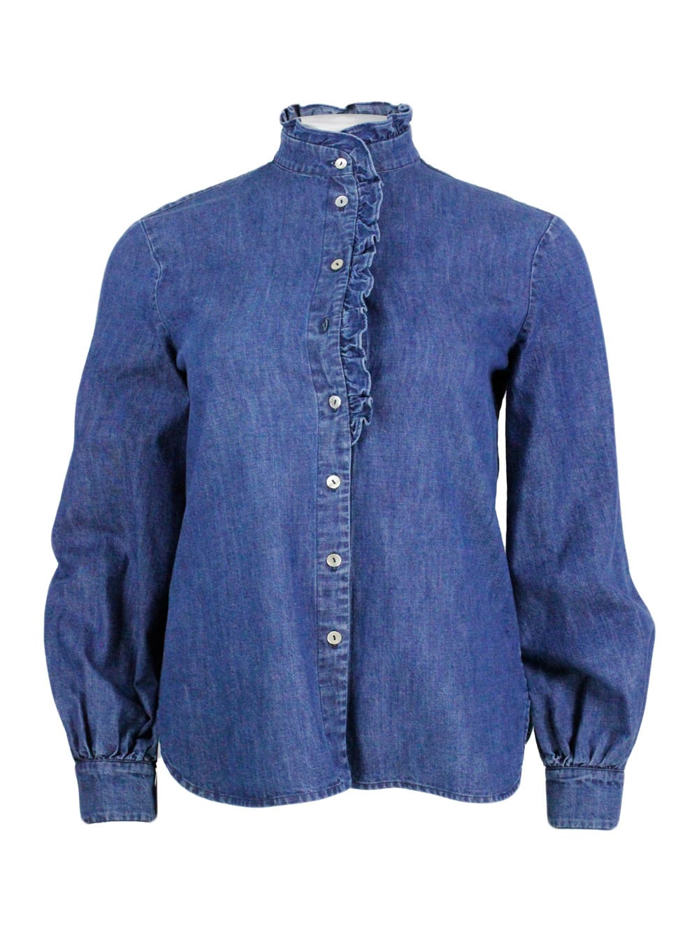 Long-sleeved Shirt In Fine Denim Embellished With Rouges On The Collar And Along The Buttons. Regular Line