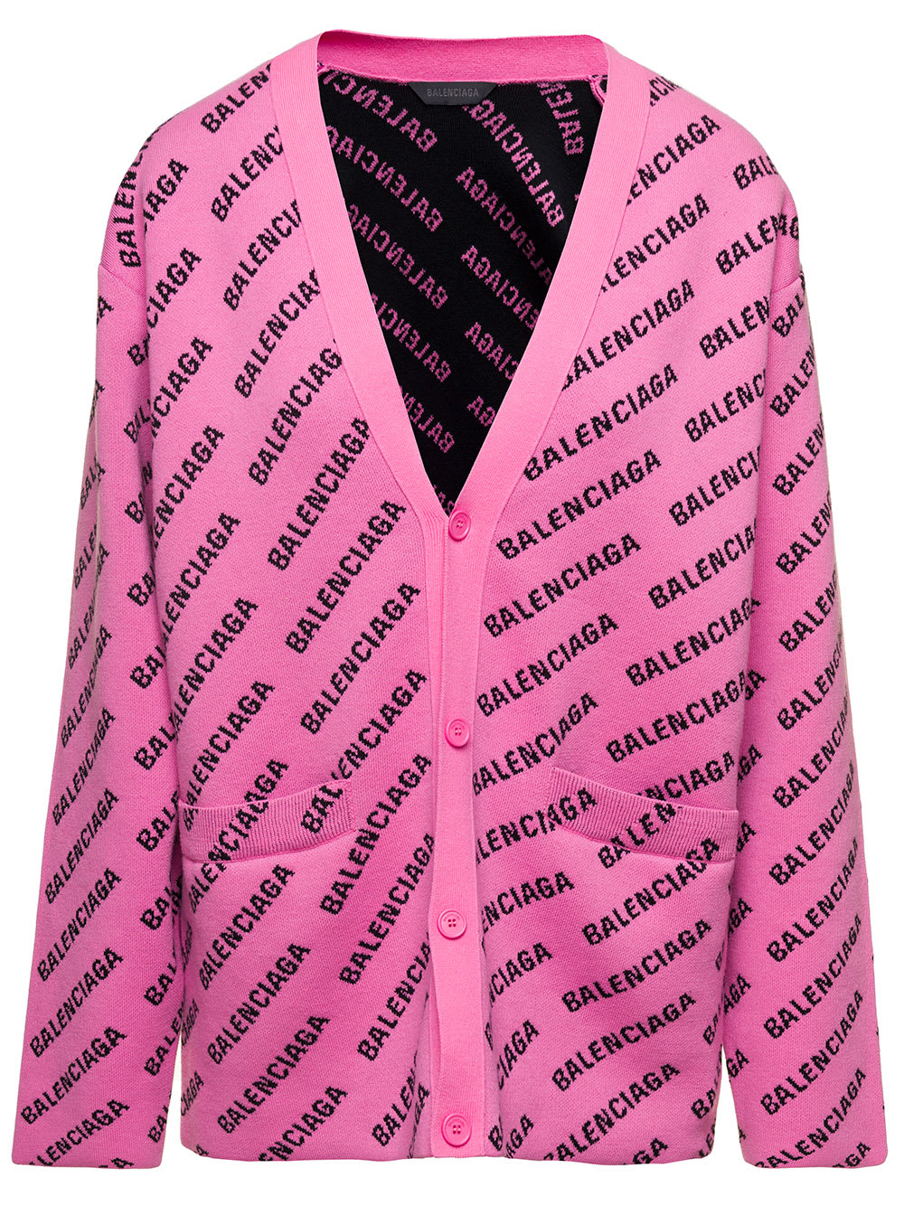 Shop Balenciaga Pink Cardigan With All-over Motif In Wool And Cotton Blend Woman