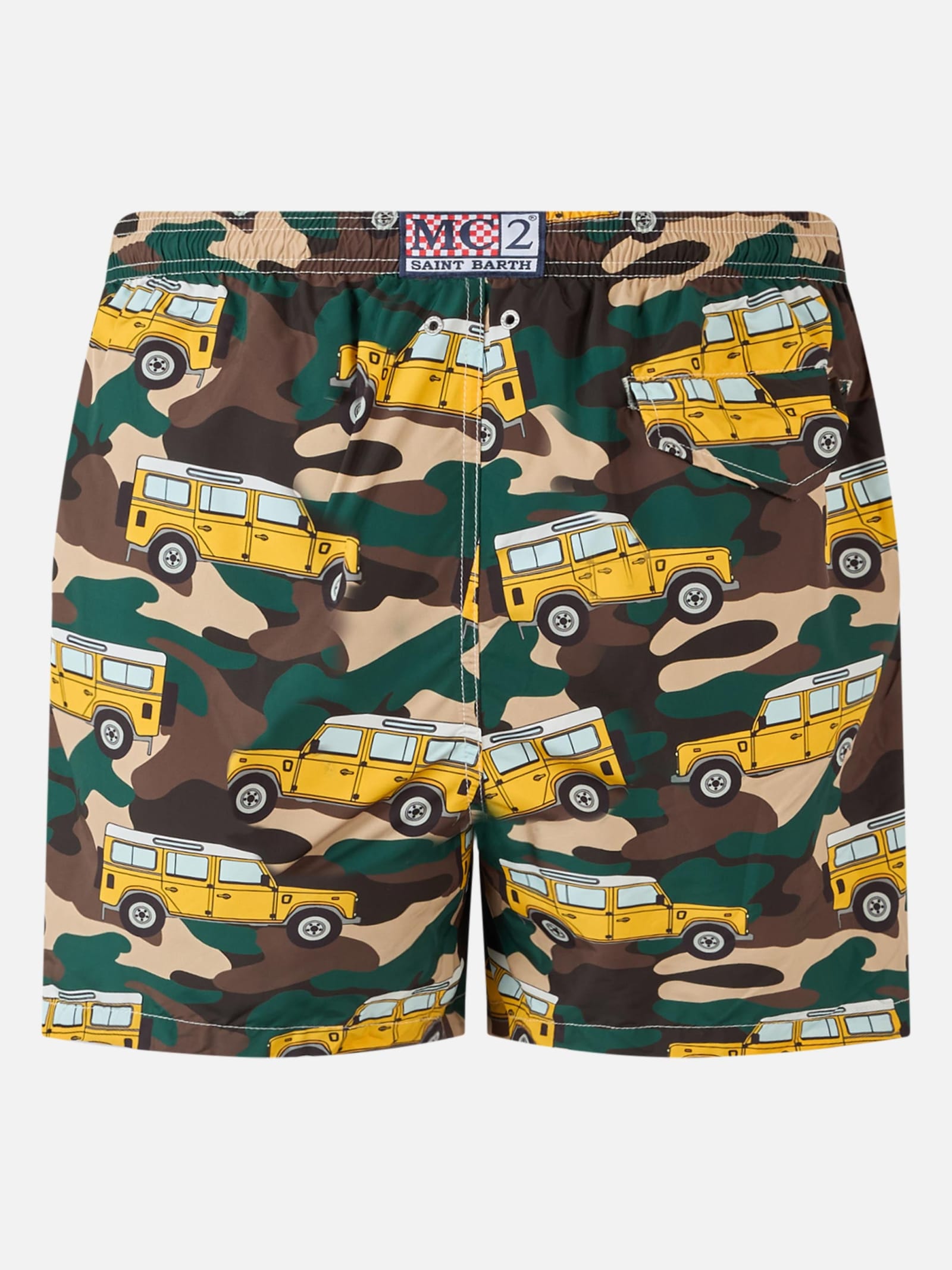 Mc2 Saint Barth Man Lightweight Fabric Swim-shorts Lighting With Off-road Car Print In Green