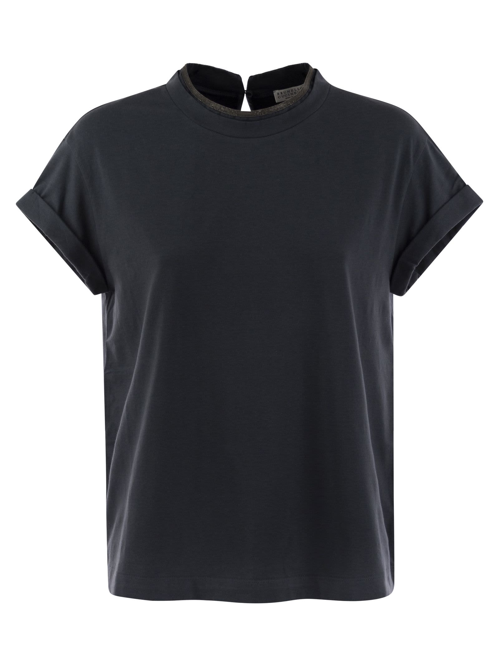 Shop Brunello Cucinelli Stretch Cotton Jersey T-shirt With Precious Faux-layering In Night Blue