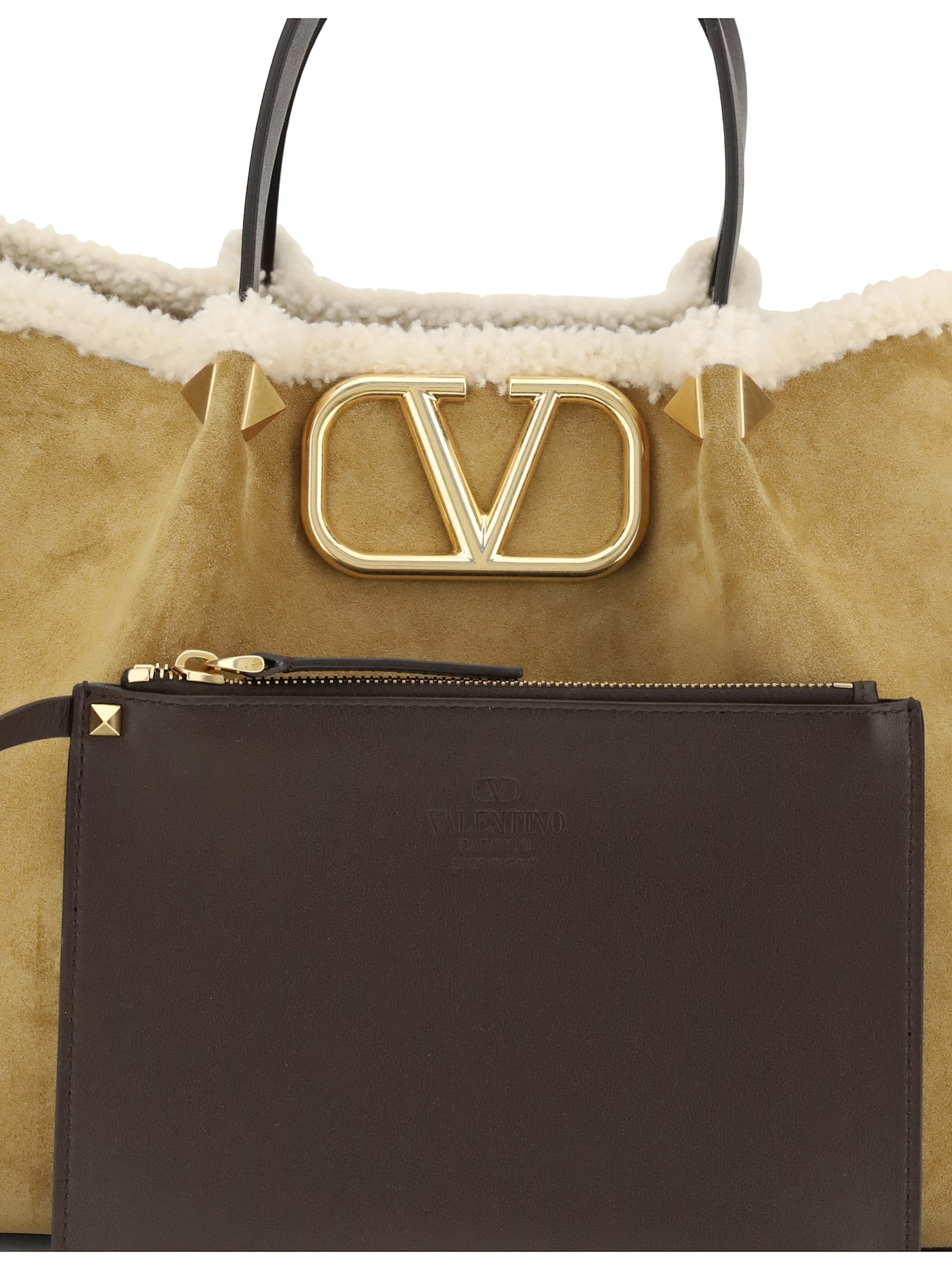 Valentino Suede And Sheepskin Medium Tote Bag In Brown