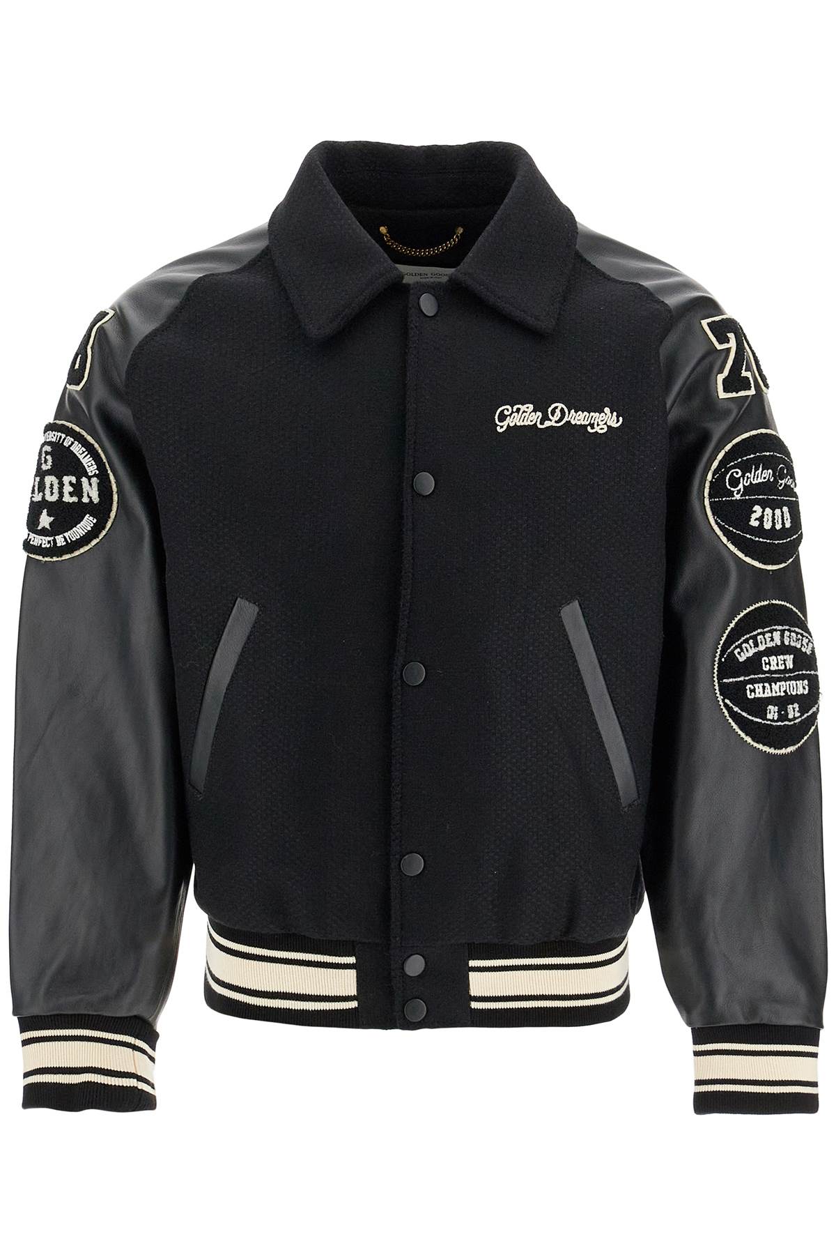 Shop Golden Goose Wool Bomber Jacket With Patch Details In Black/beige (black)