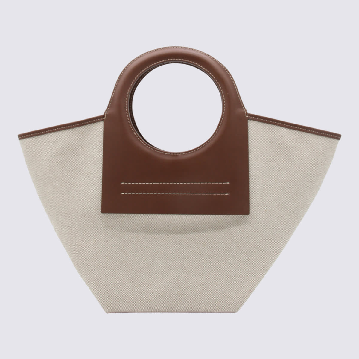 Beige And Brown Chestnut Leather And Canvas Cala Tote Bag