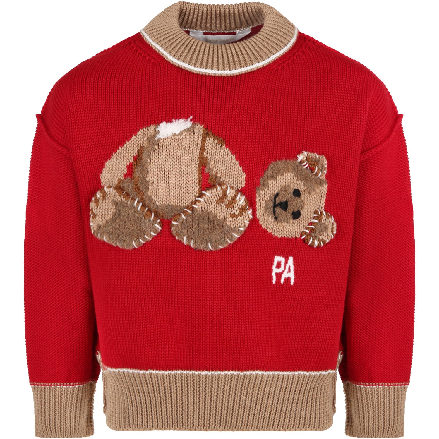 Palm Angels Red Sweater For Kids With Bear And Logo