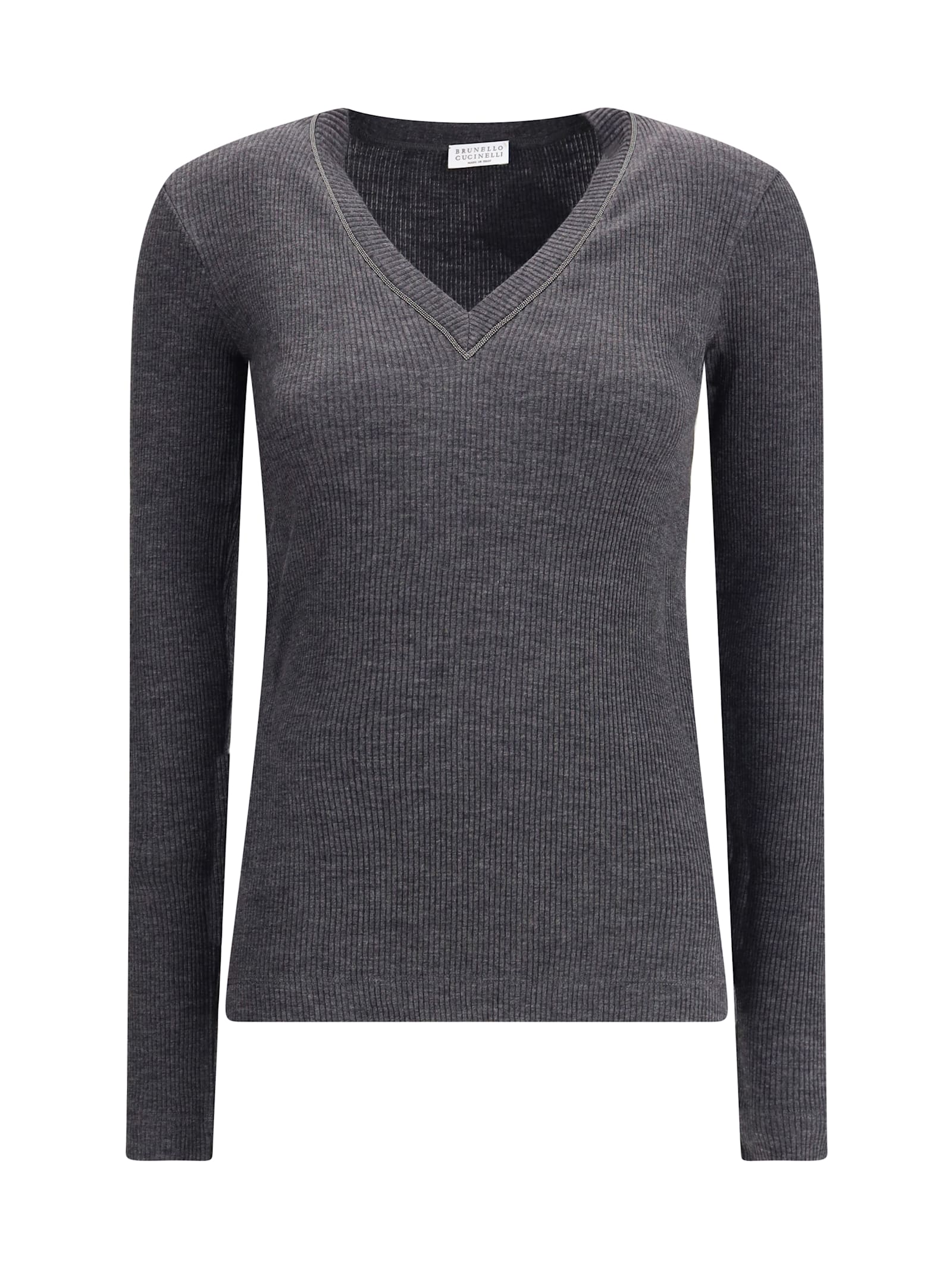 Brunello Cucinelli Long Sleeve Wool Ribbed Jersey T-shirt With Shiny Trim In Gray