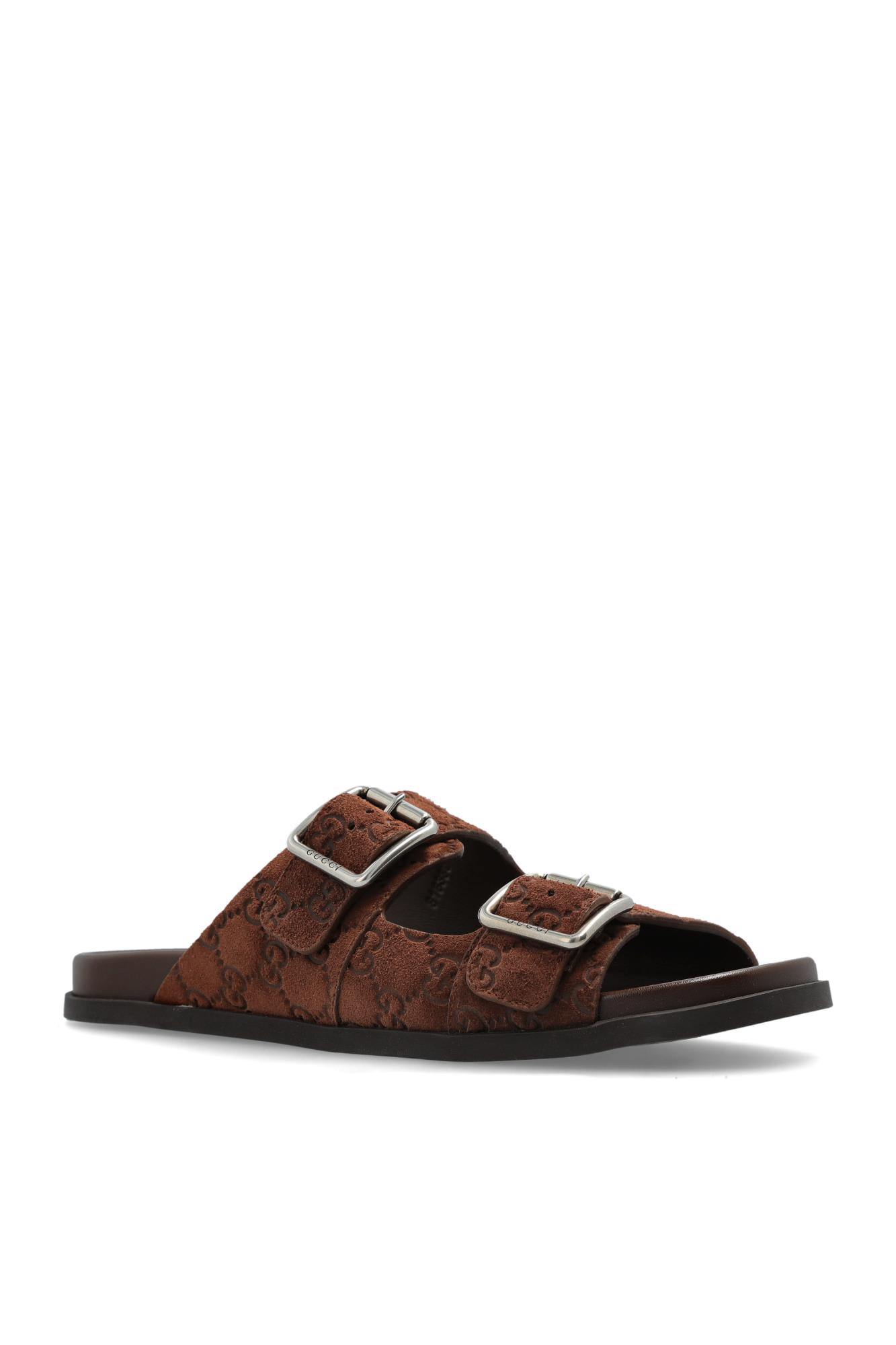 Gucci Men Logo Embossed Leather Slides In Brown