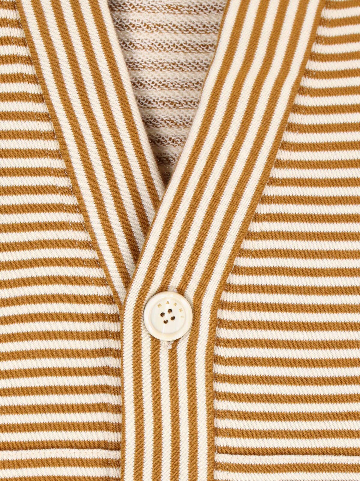 Marni Cropped Cardigan Sweater With Horizontal Stripes And Logo Detail In Brown