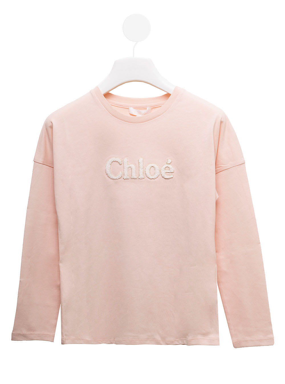Long-sleeved Pink Cottont-shirt With Logo Chloé Kids Girl