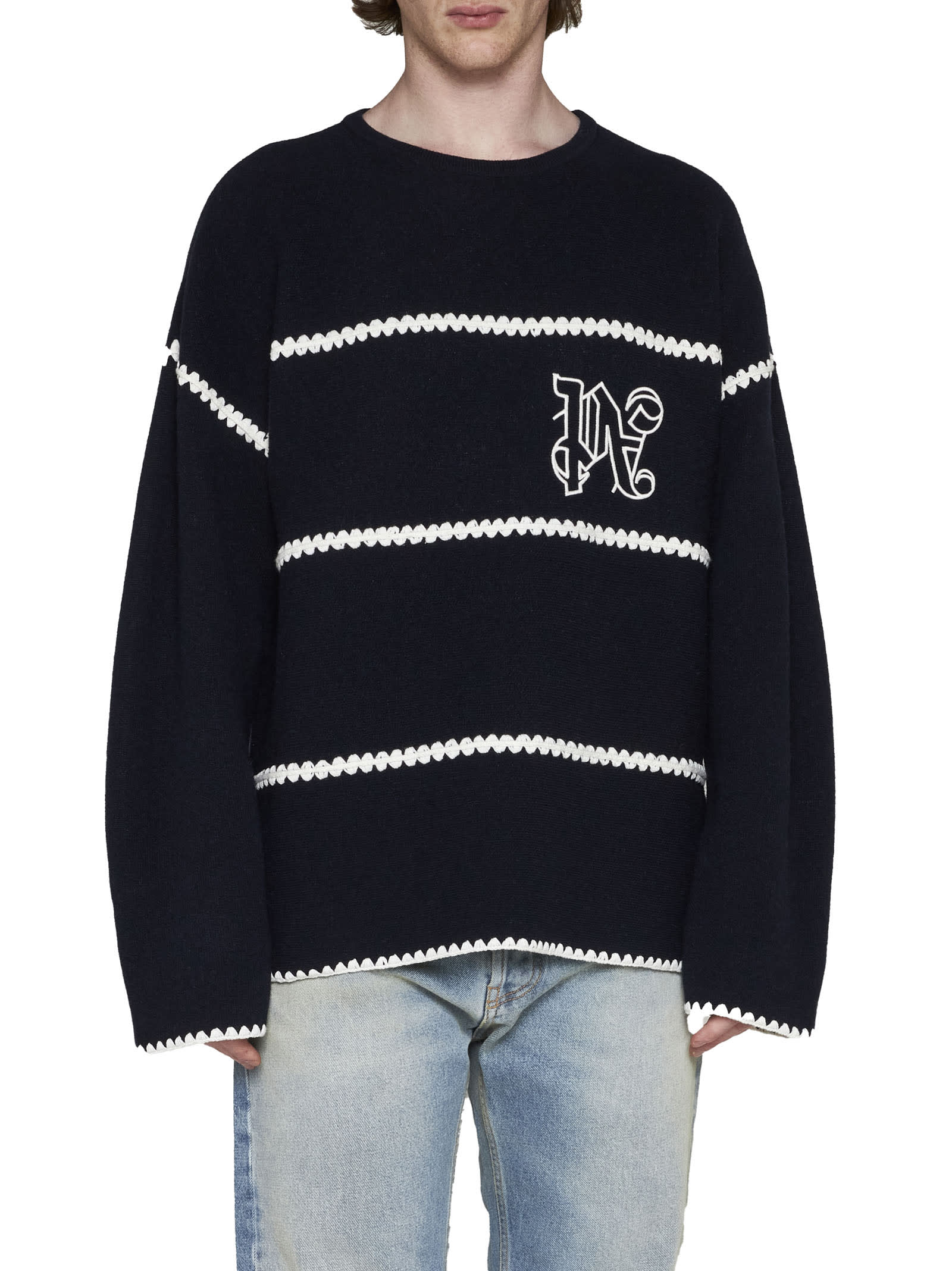 Palm Angels Navy And White Knit Sweater With Paint Monogram Stripes In Blue