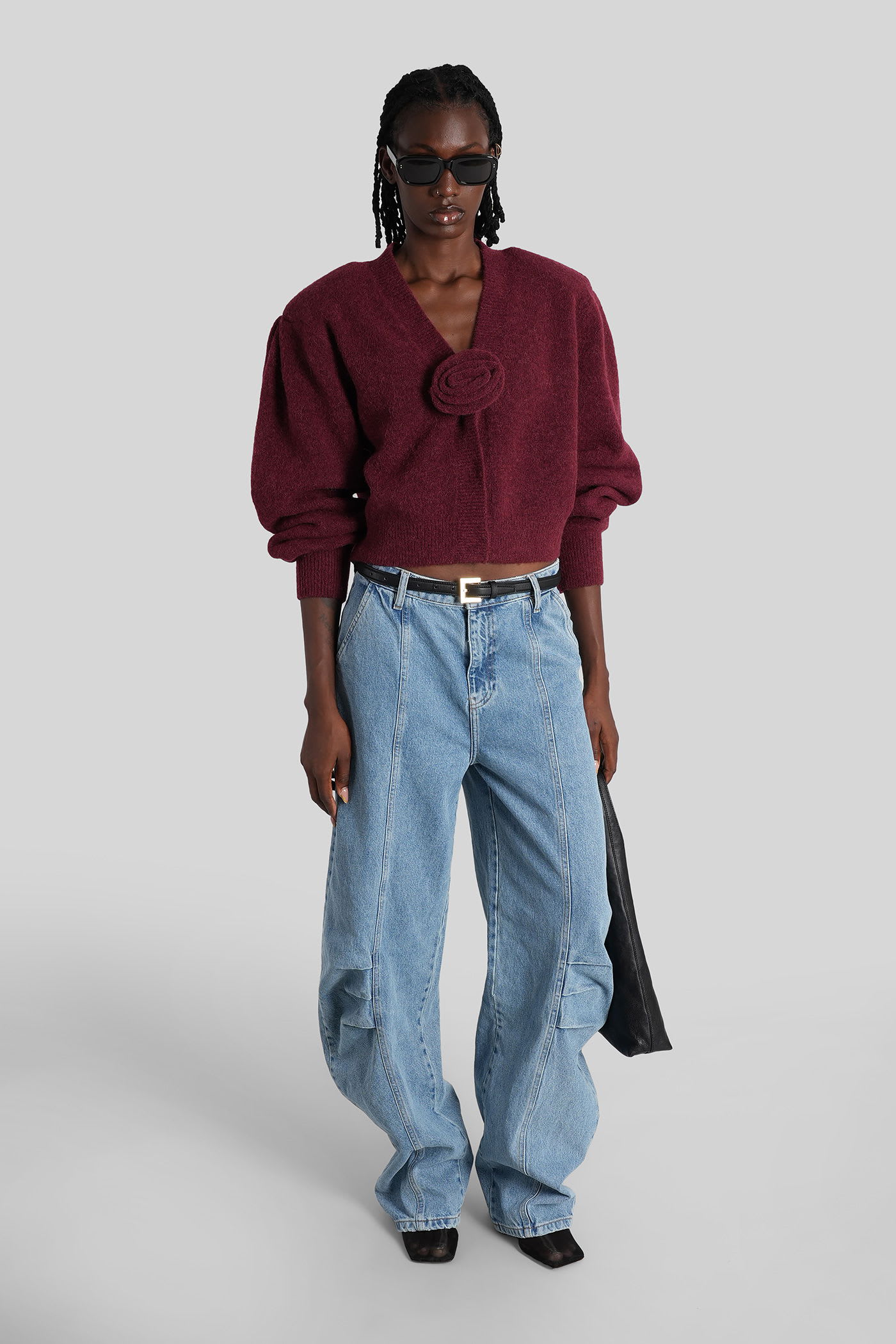 Rotate Birger Christensen Rotate Cropped Burgundy Sweater With Deep V-neckline And Floral Embellishment In Burgundy