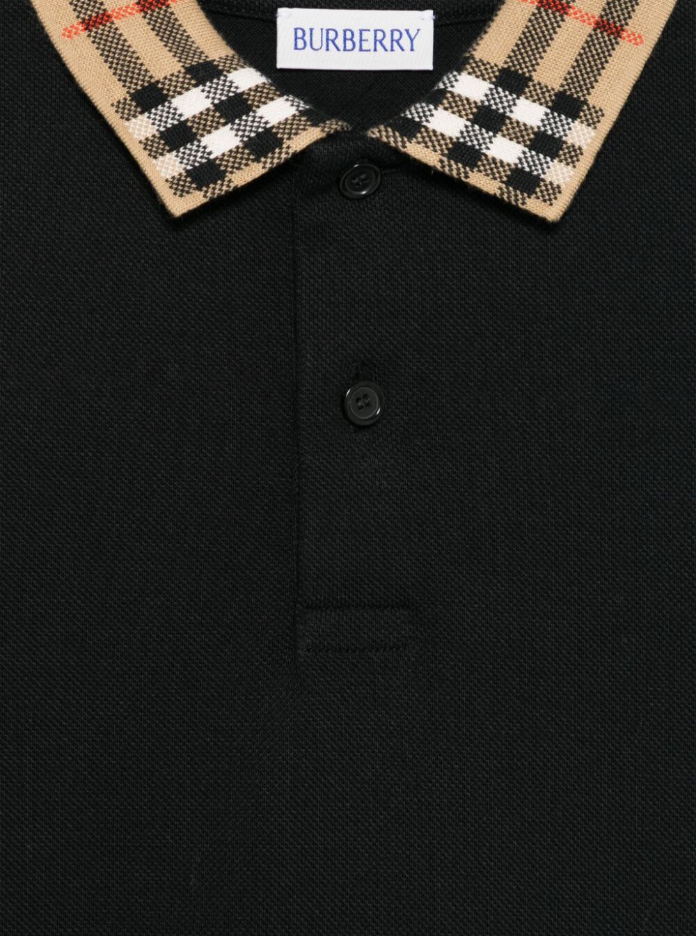 BURBERRY BLACK POLO SHIRT WITH VINTAGE CHECK COLLAR IN COTTON BOY