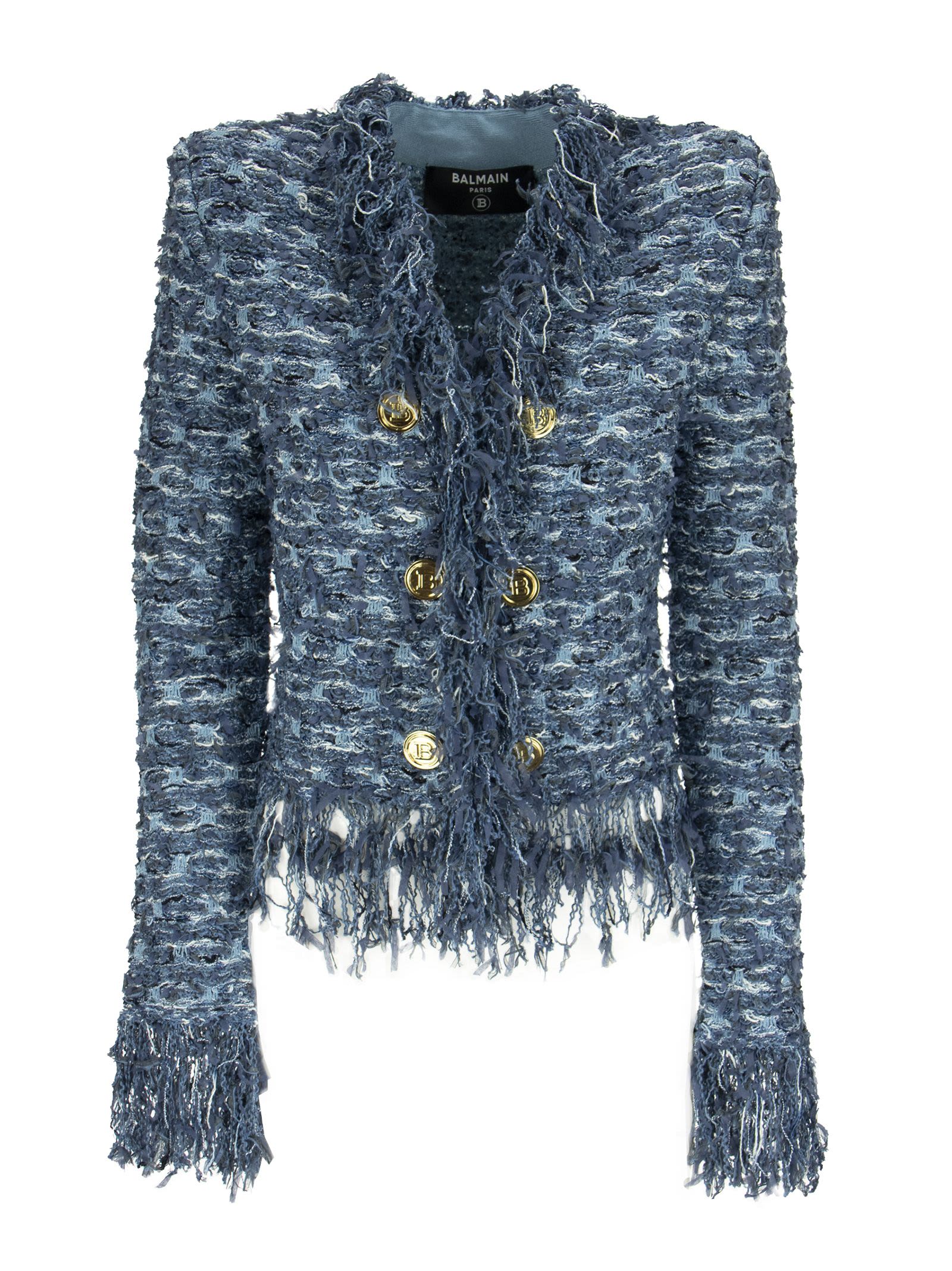 Balmain Tweed Jacket With Fringe And Gold-tone Double-breasted Closure