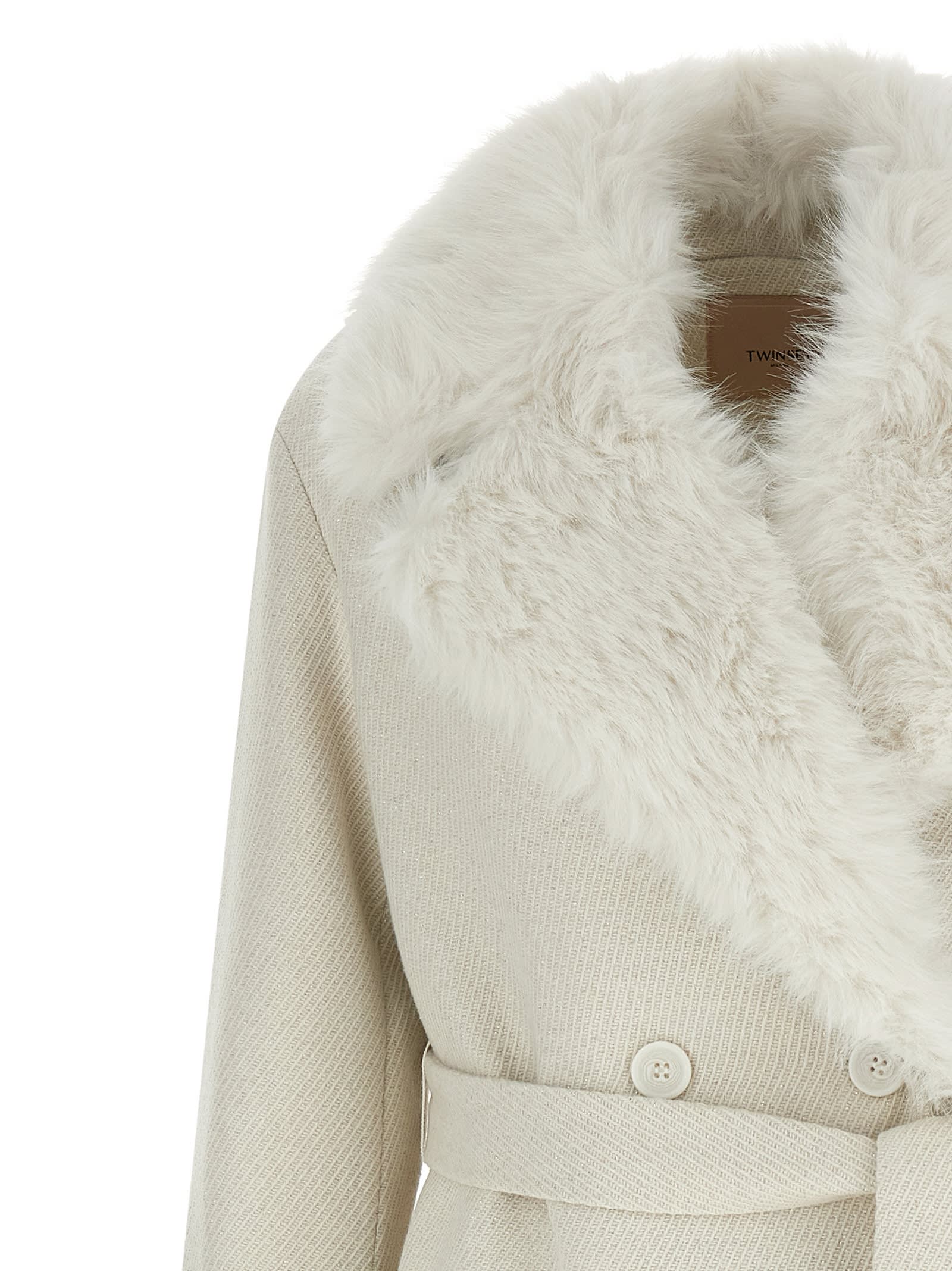 Twinset Lamé Thread Coat In Neutral