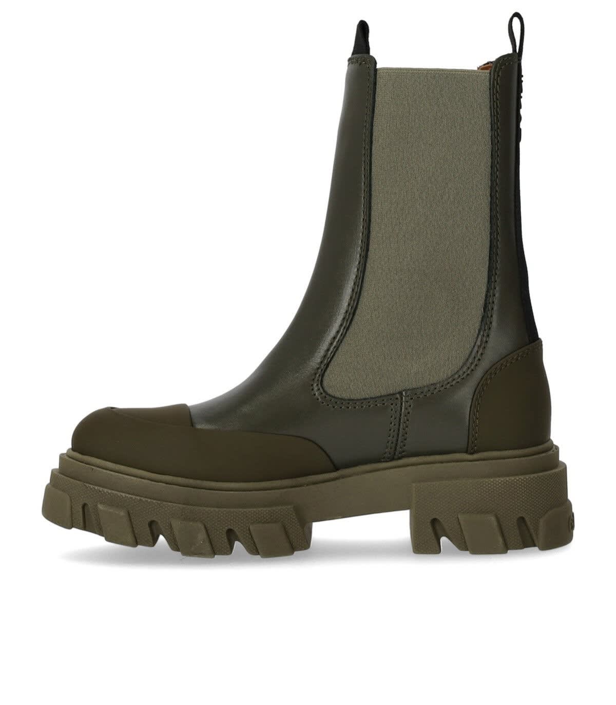 Shop Ganni Combat Boots In Green Leather In Verde
