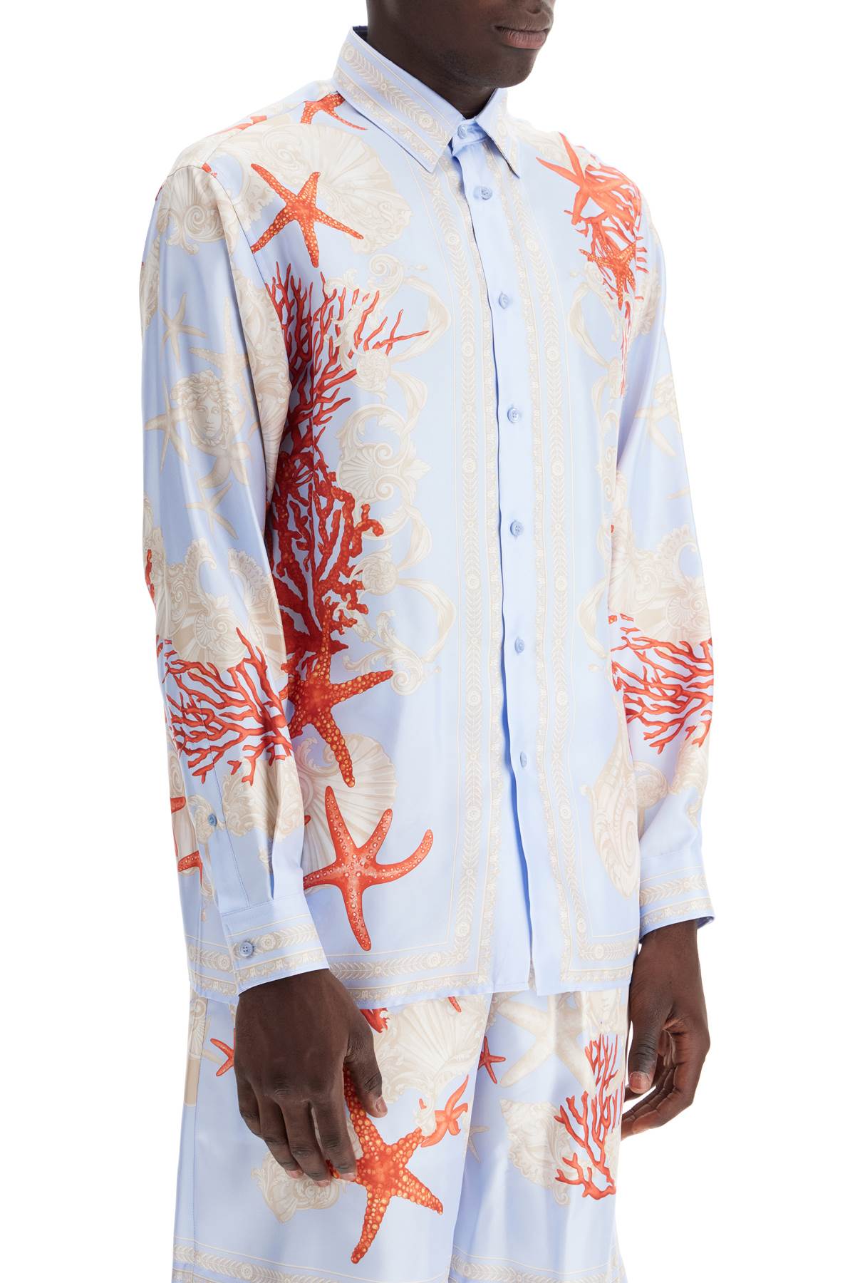 Shop Versace Barocco Sea Silk Shirt In Blue Hydrangea+coral+bone (light Blue)