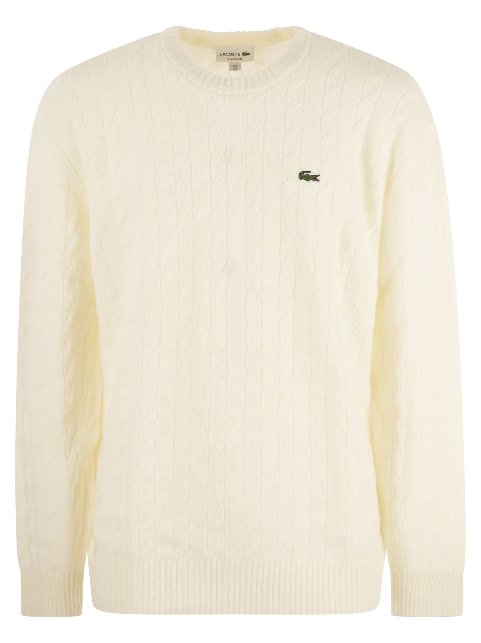 Shop Lacoste Plaited Wool Crew-neck Sweater In White
