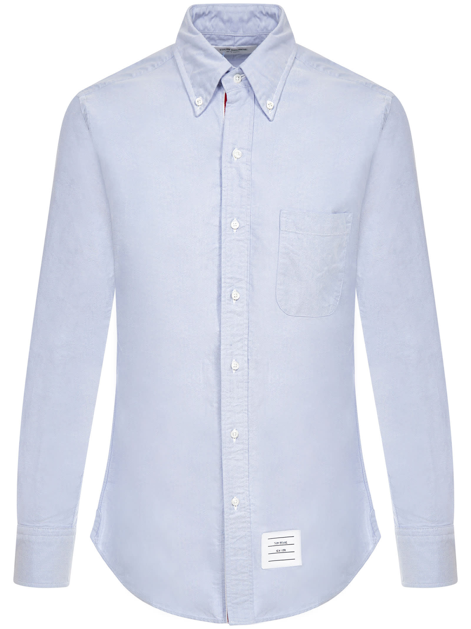 Thom Browne Slogan Patch Poplin Shirt In Light Blue