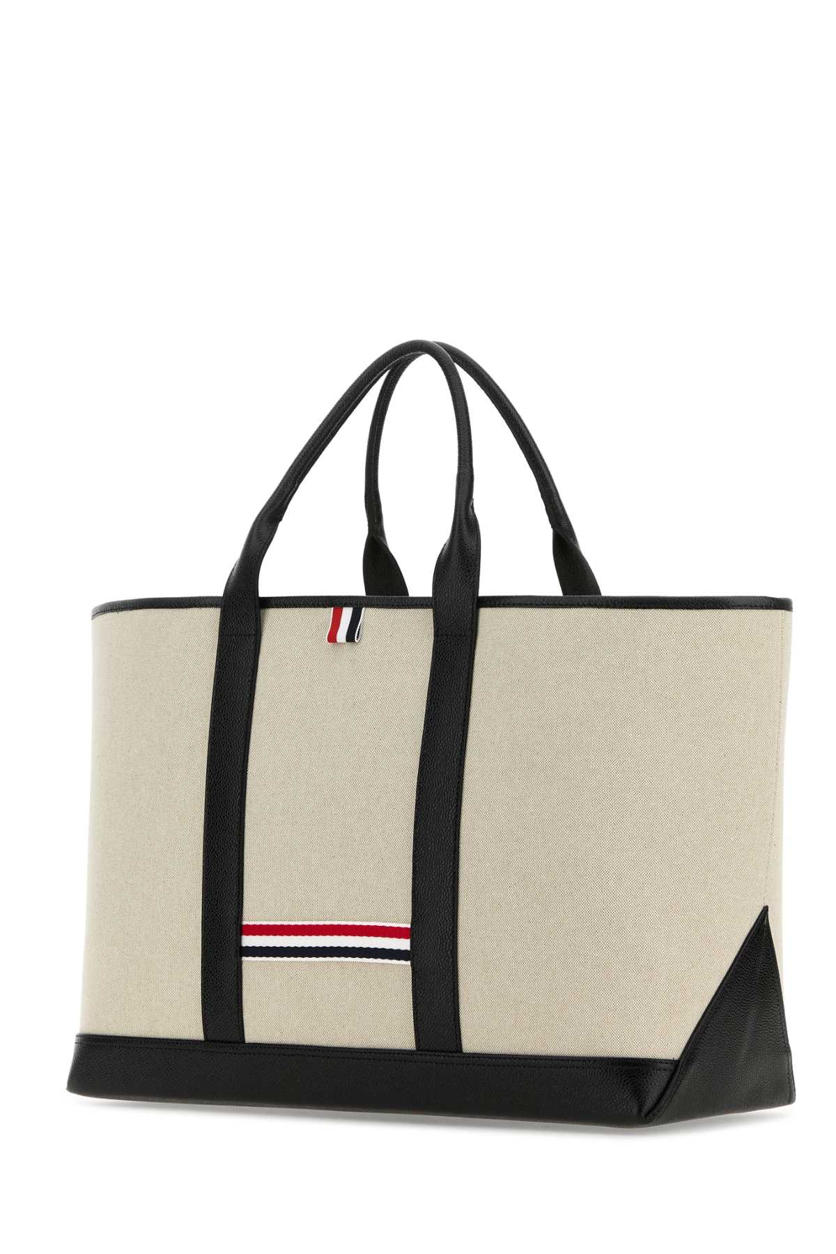 Thom Browne Sand Canvas Medium Rwb-stripe Shopping Bag In Black