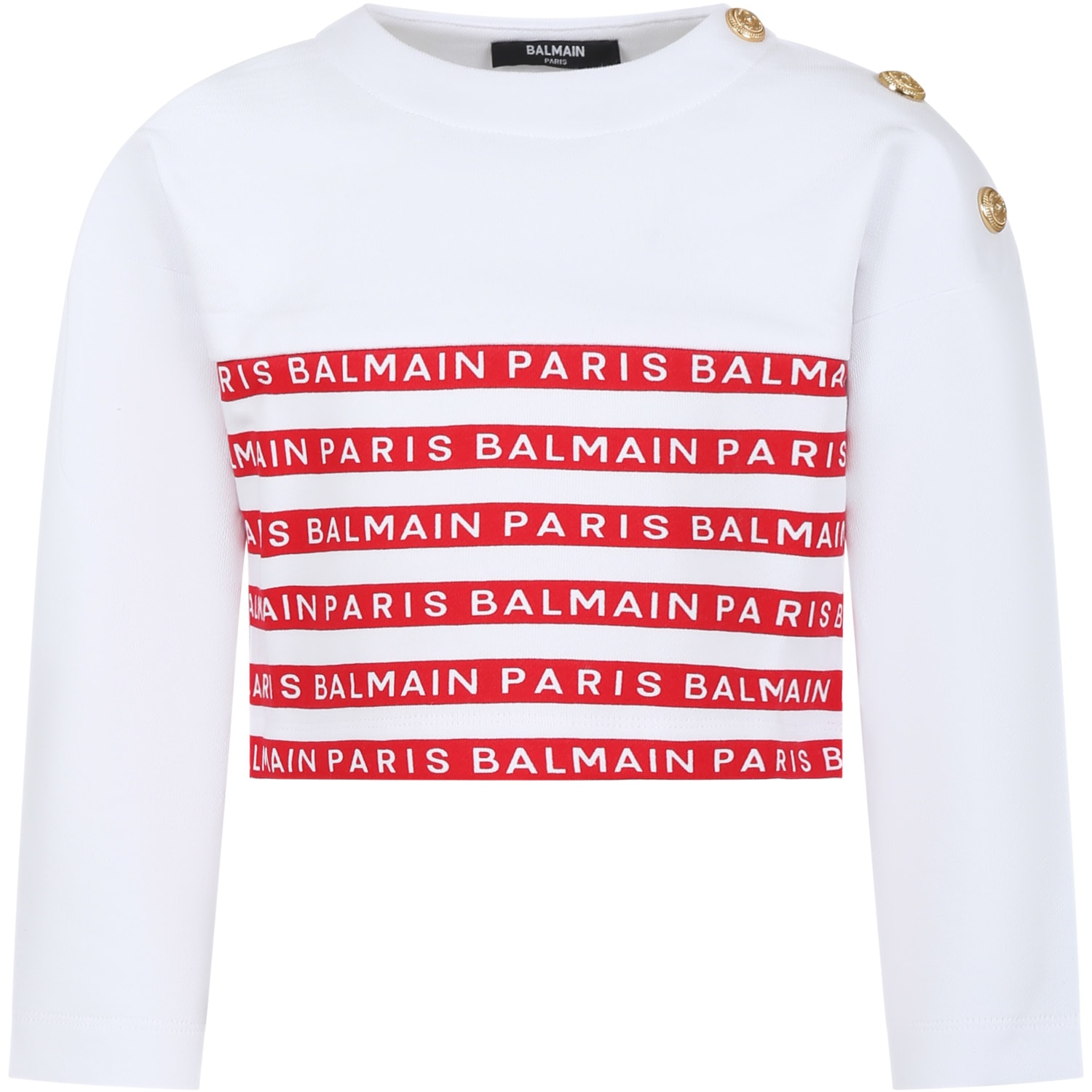 Balmain Kids' White Sweatshirt For Girl With Red Stripes And Logo