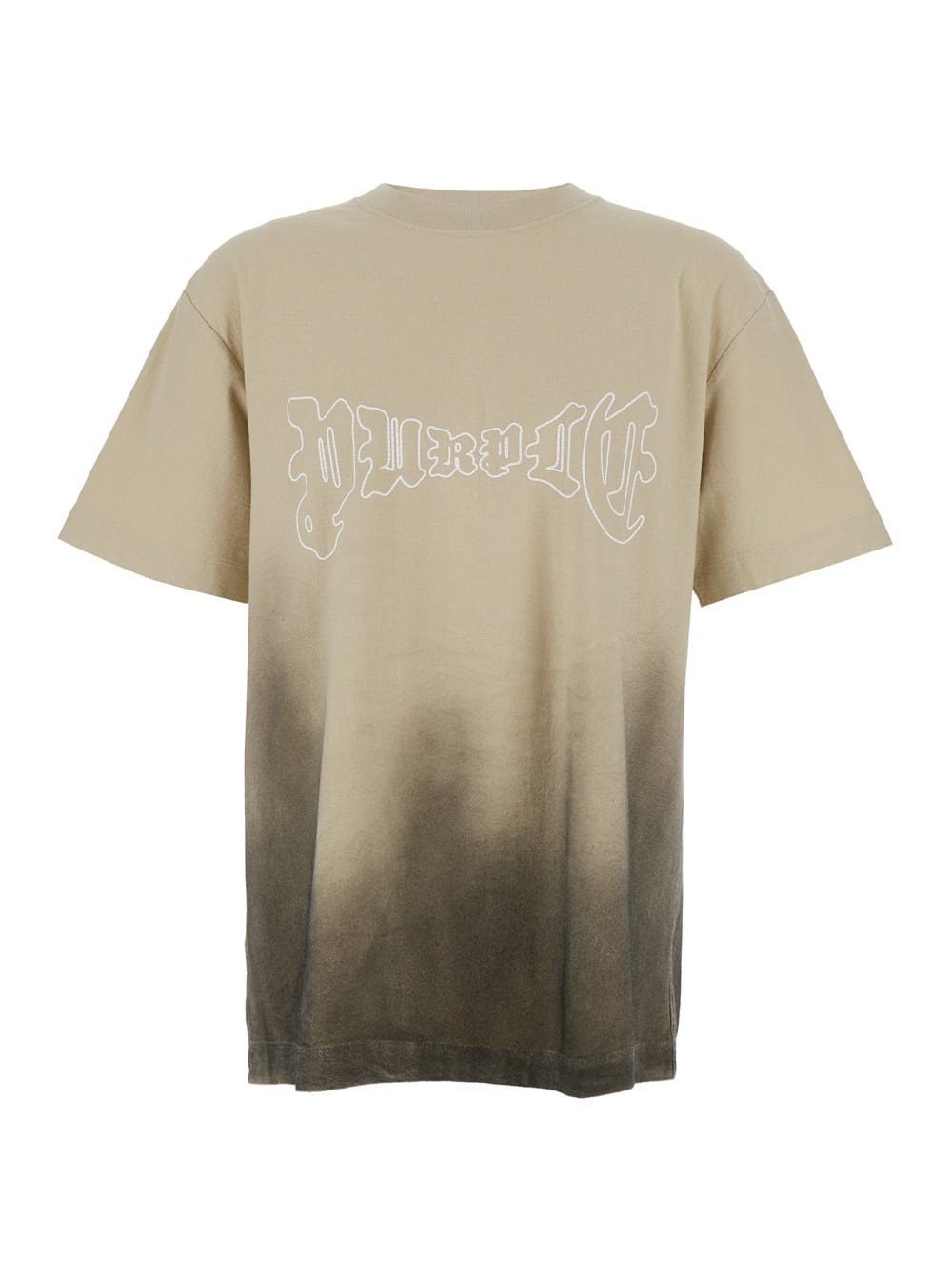 Purple Brand Beige Crewneck T-shirt With Logo Print On The Front And Faded Effect In Cotton Man