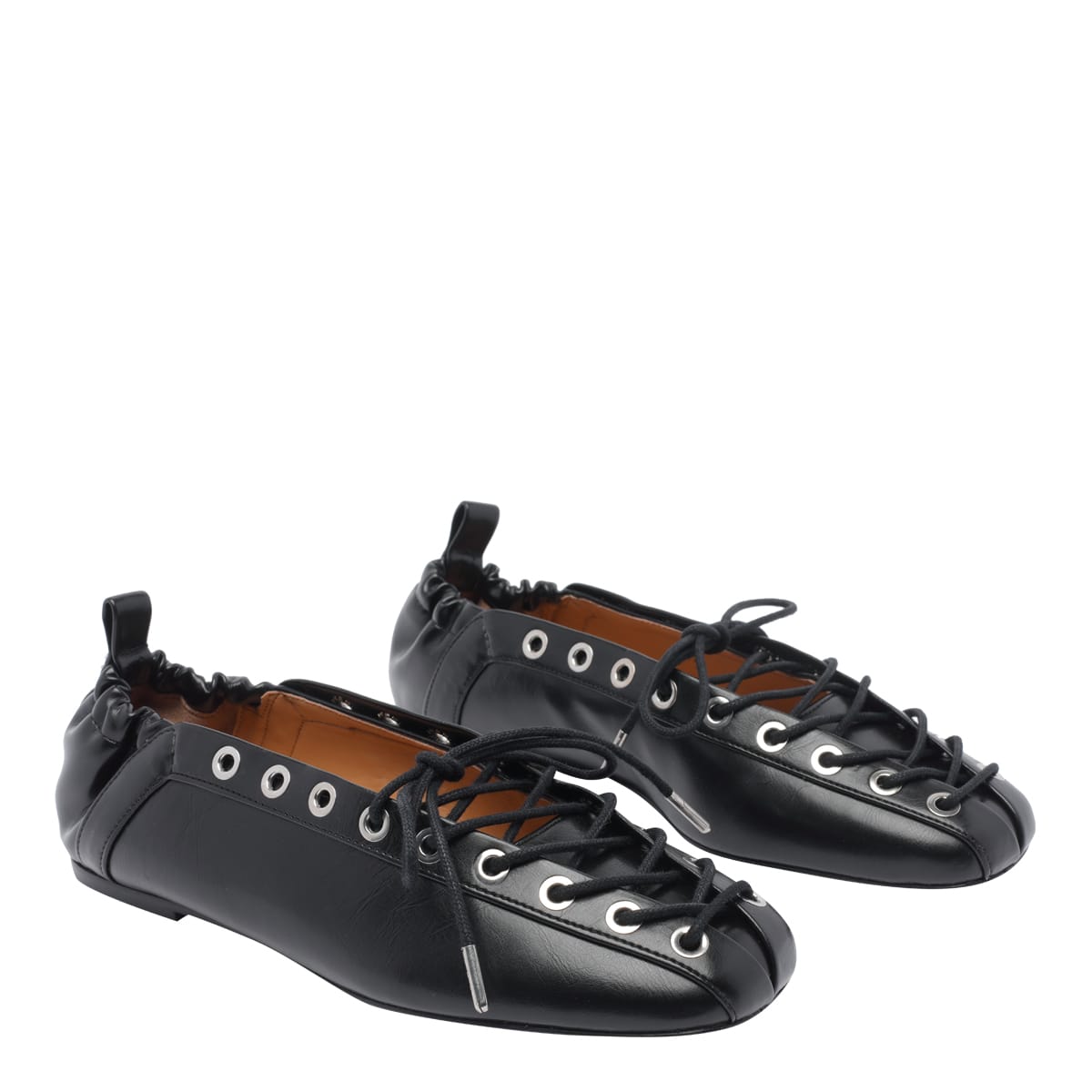 Ganni Black Lace-up Ballerinas With Metal Eyelets And Elasticized Ankle In Eco-leather Woman In Black