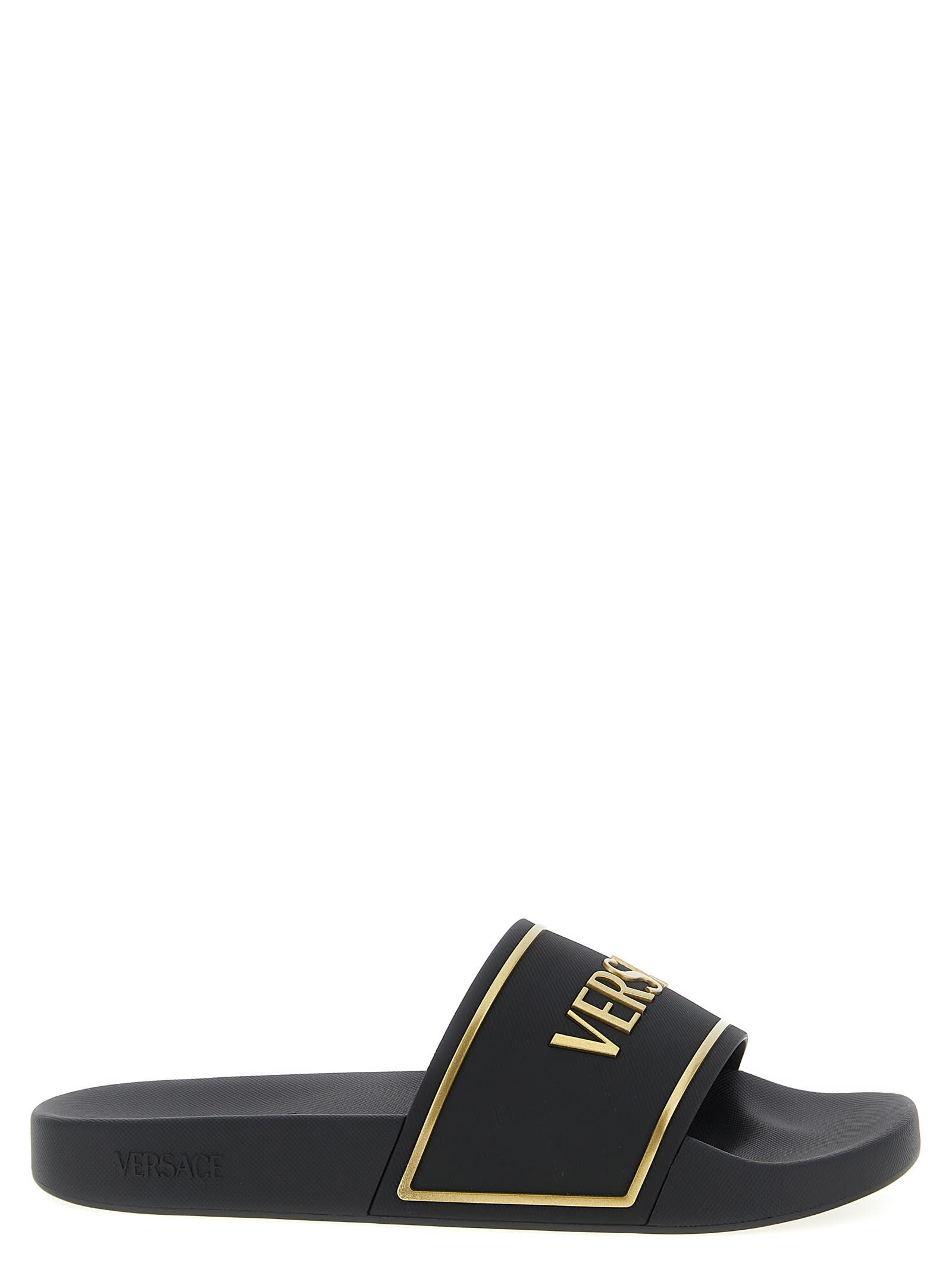 Versace Black Sandals With Logo Printed On The Front In Black