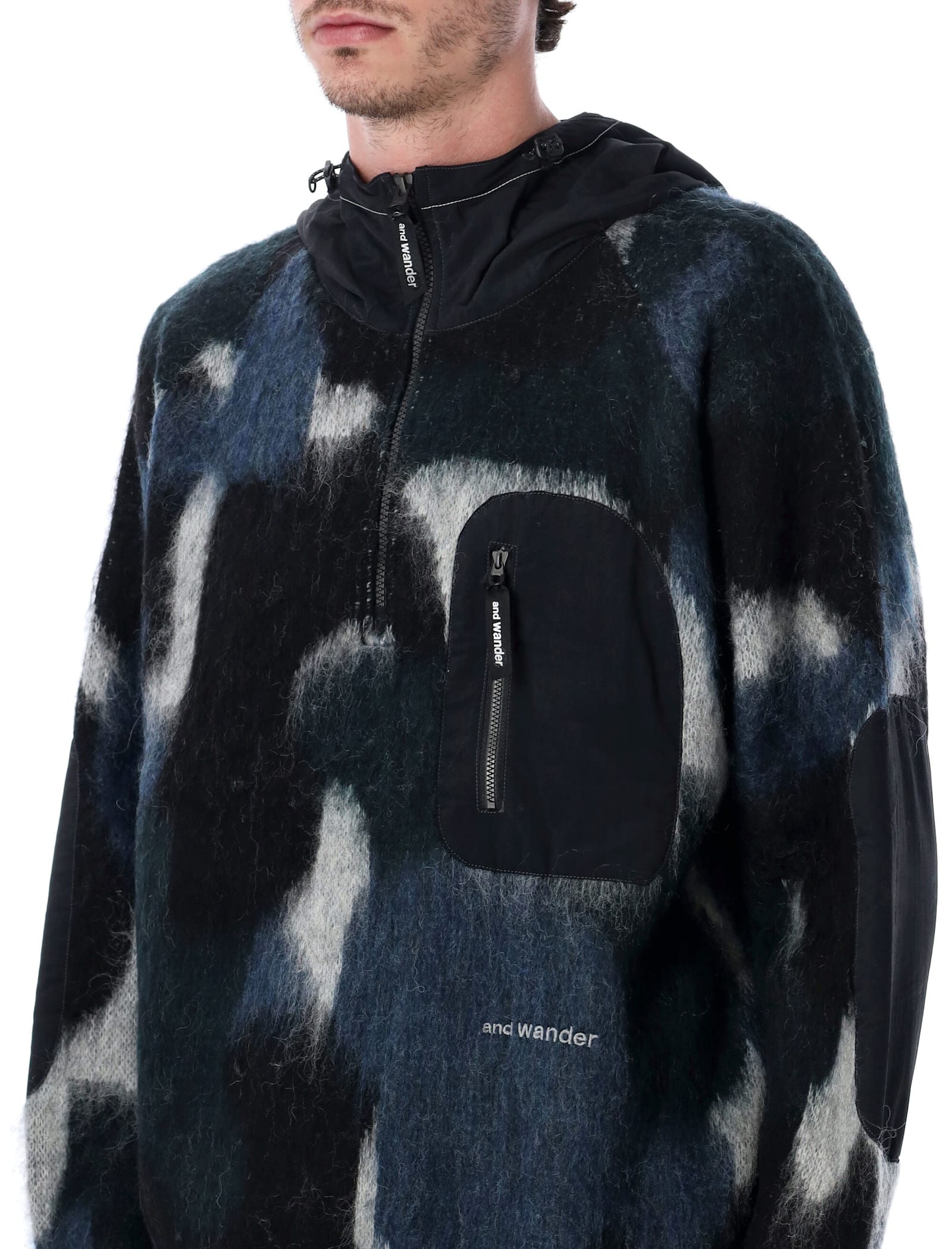 And Wander Mix Shaggy Knit Hoodie In Wool-mohair Blend In Black