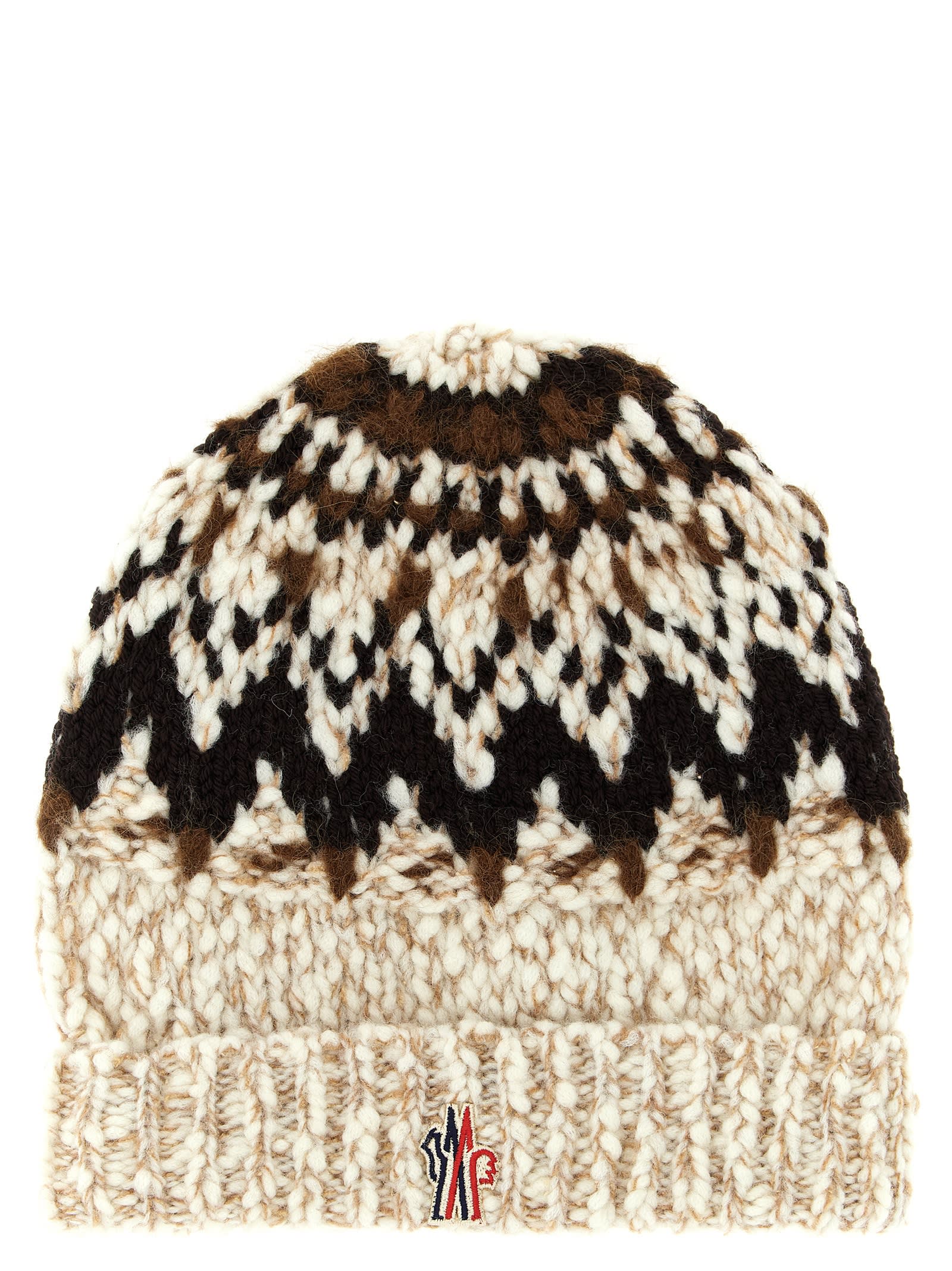 Moncler Beige Brown Geometric Pattern Beanie Hat In Multi