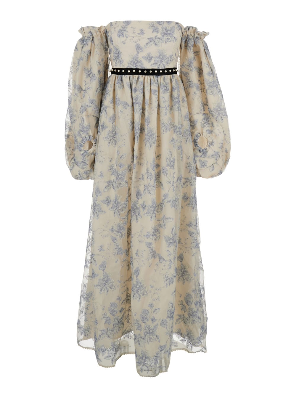 alheli Blue Long Dress With Bardot Neckline And All-over Printed Floral Motif In Linen Woman