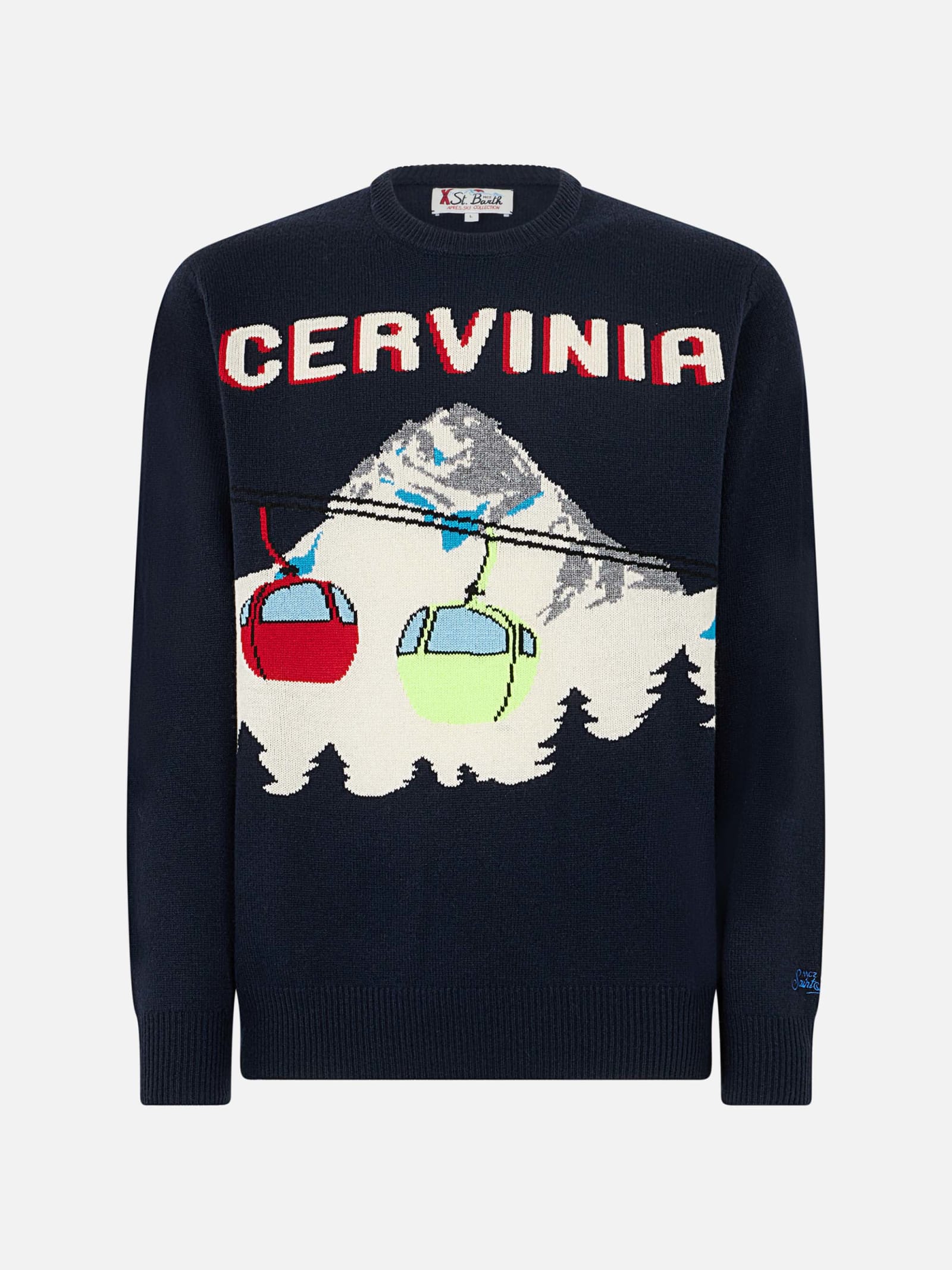 Shop Mc2 Saint Barth Man Crewneck Sweater With Cervinia Postcard Jacquard Print In Blue