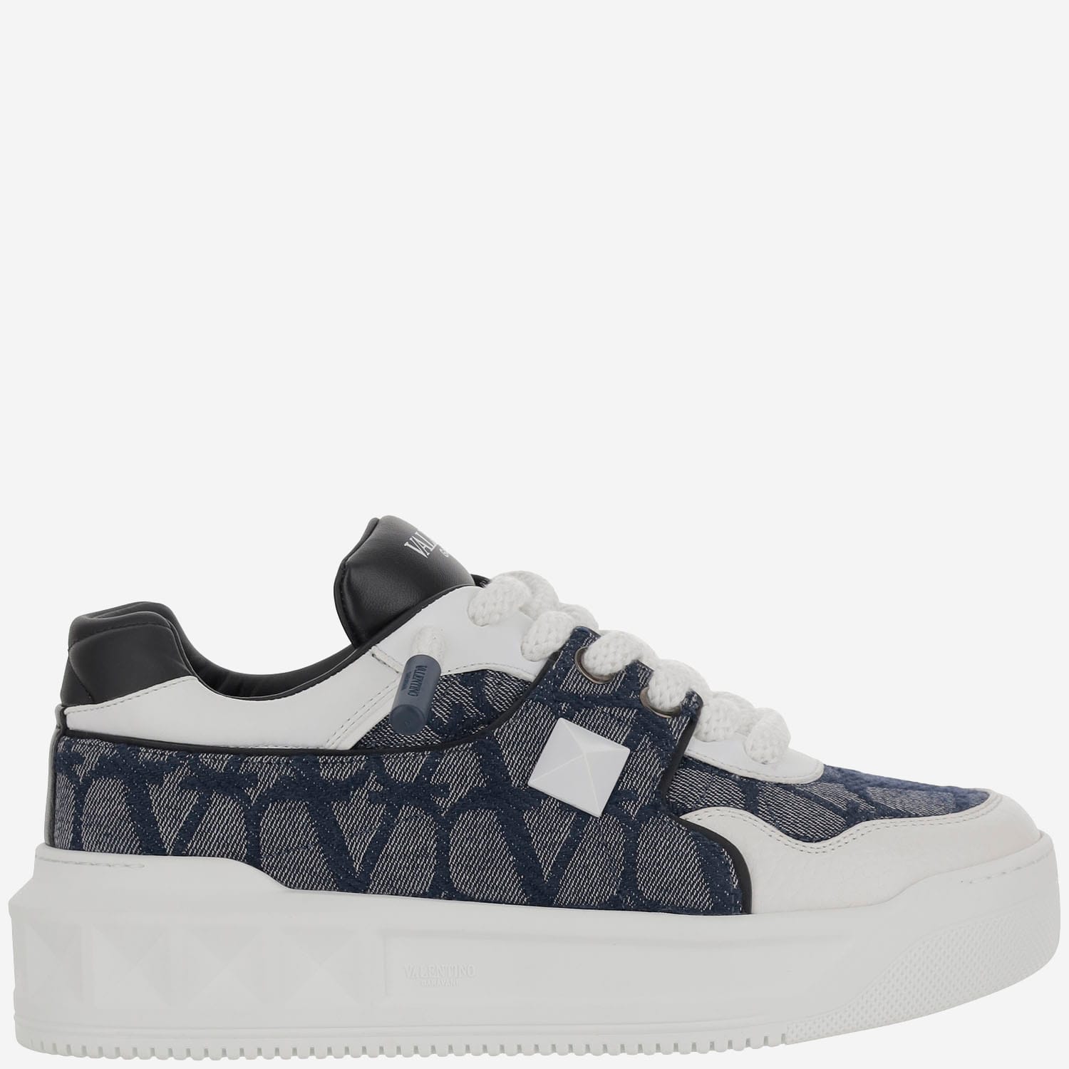 Low-top One Stud Xl Sneakers In Nappa Leather And Jacquard Fabric Toile Iconographe With Denim Effect