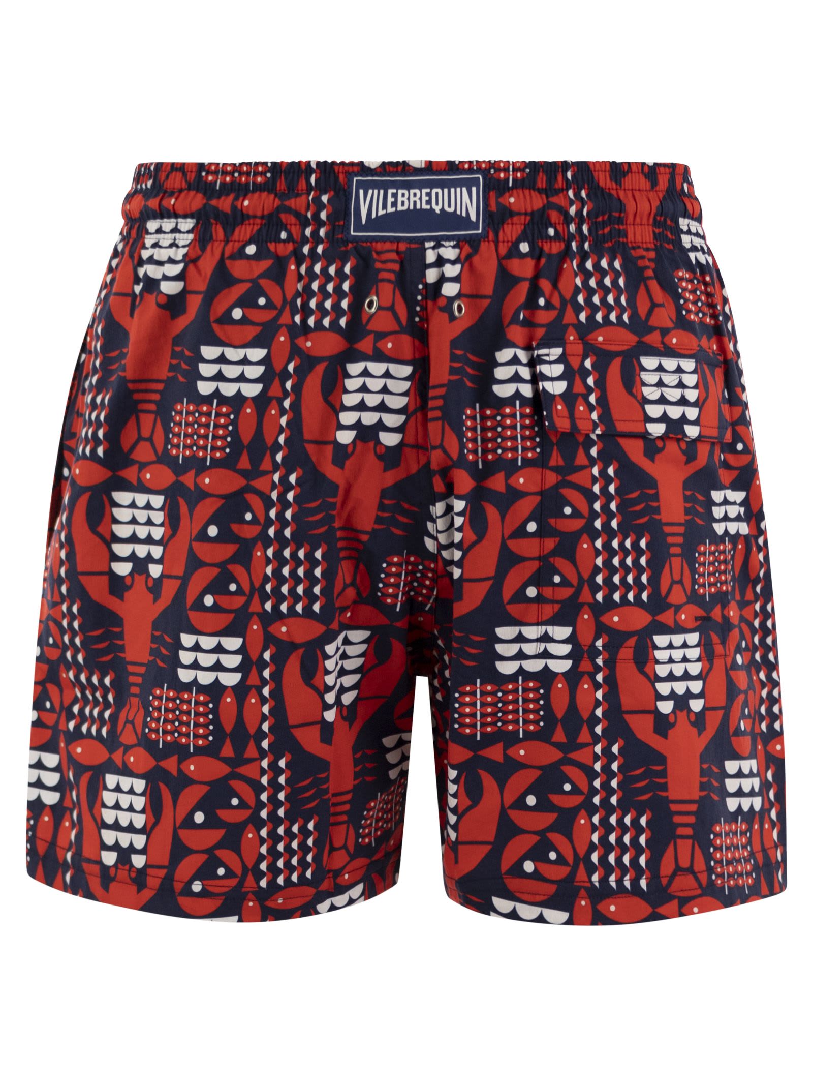 Shop Vilebrequin Stretch Beach Shorts With Patterned Print In Marine Blue