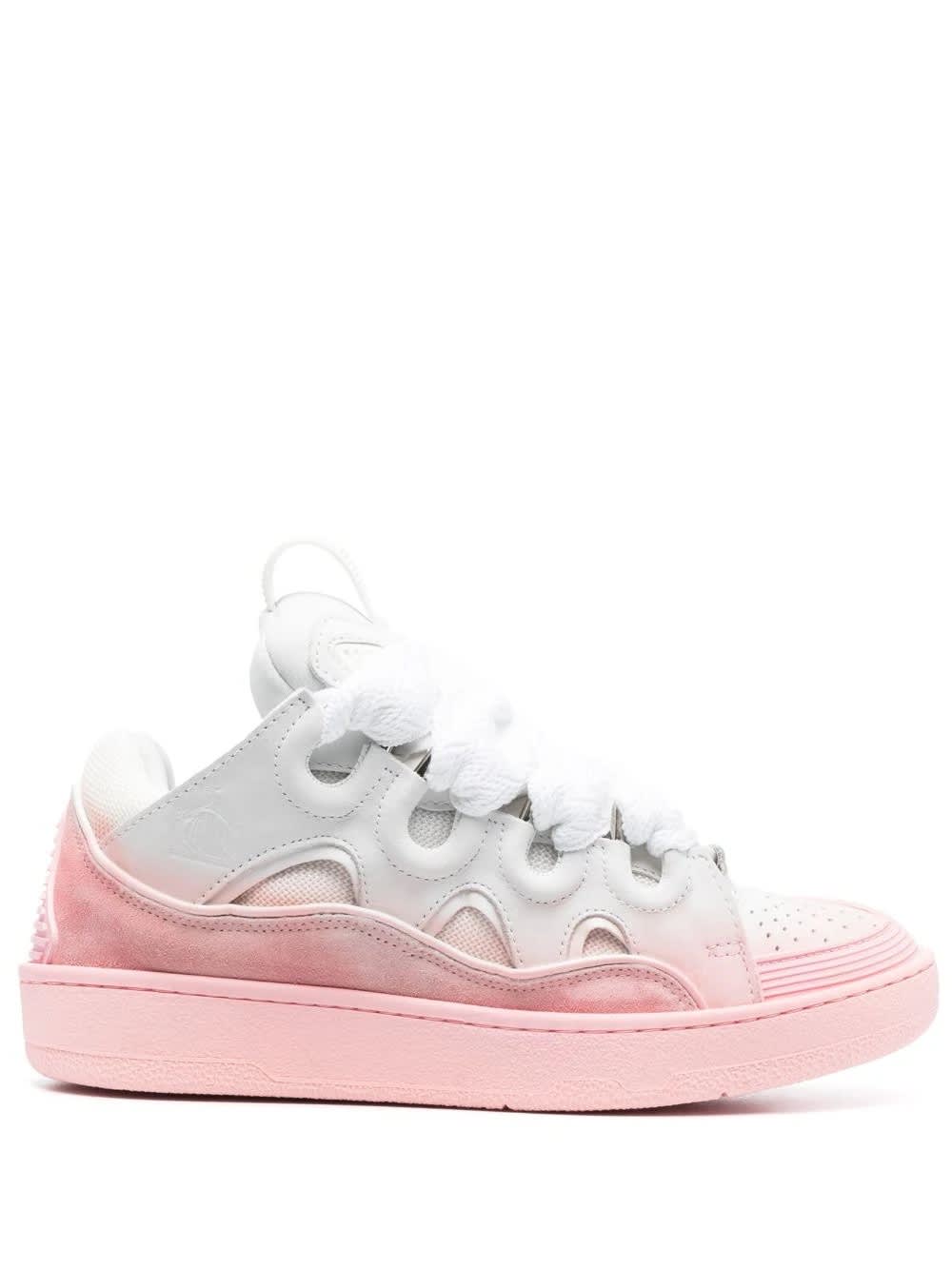 LANVIN WHITE AND PINK CURB SNEAKERS IN LEATHER