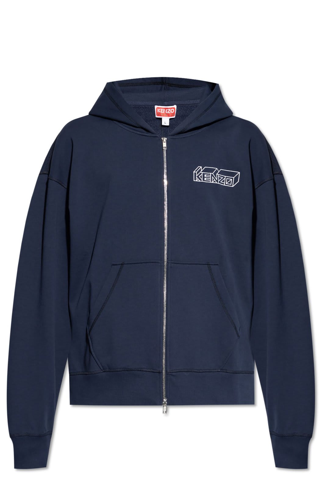 Shop Kenzo Logo Embroidered Zip-up Hoodie In Bleu Nuit