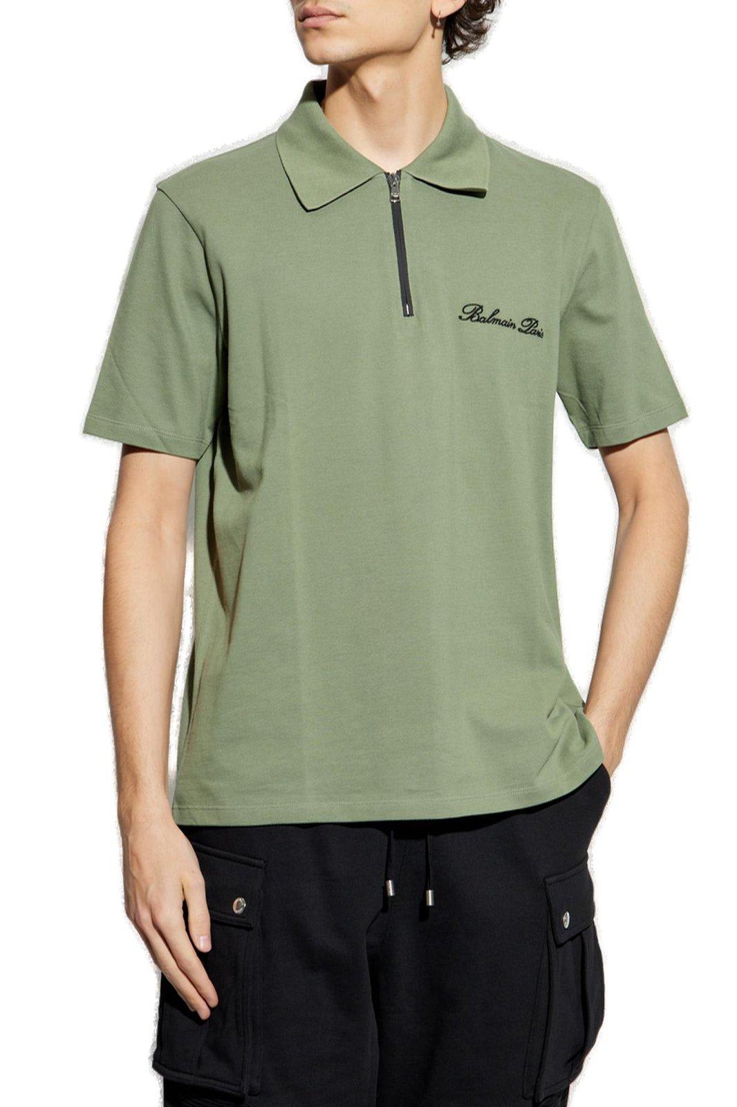 Shop Balmain Logo Embroidered Short-sleeved Polo Shirt In Green