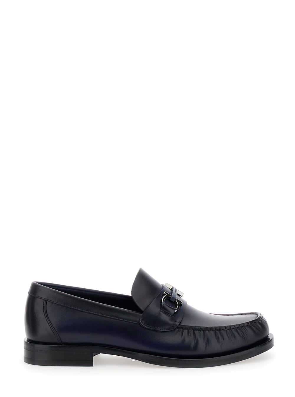 Shop Ferragamo Fort Blue Slip-on Loafers With Gancini Detail In Brushed Leather Man