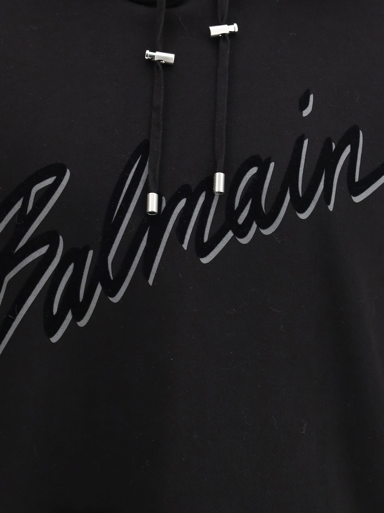 Balmain Cotton Hoodie With Embossed Velvet Logo In Noir/noir