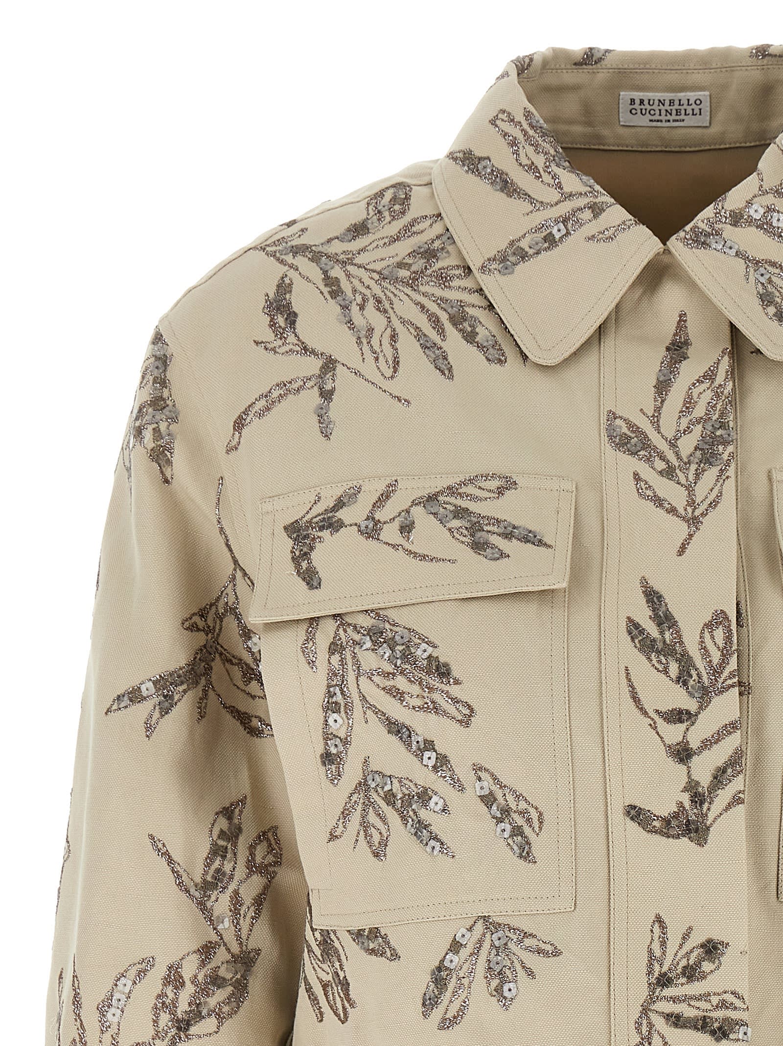 Brunello Cucinelli Collared Neck Cropped Embroidered Blazer In Beige
