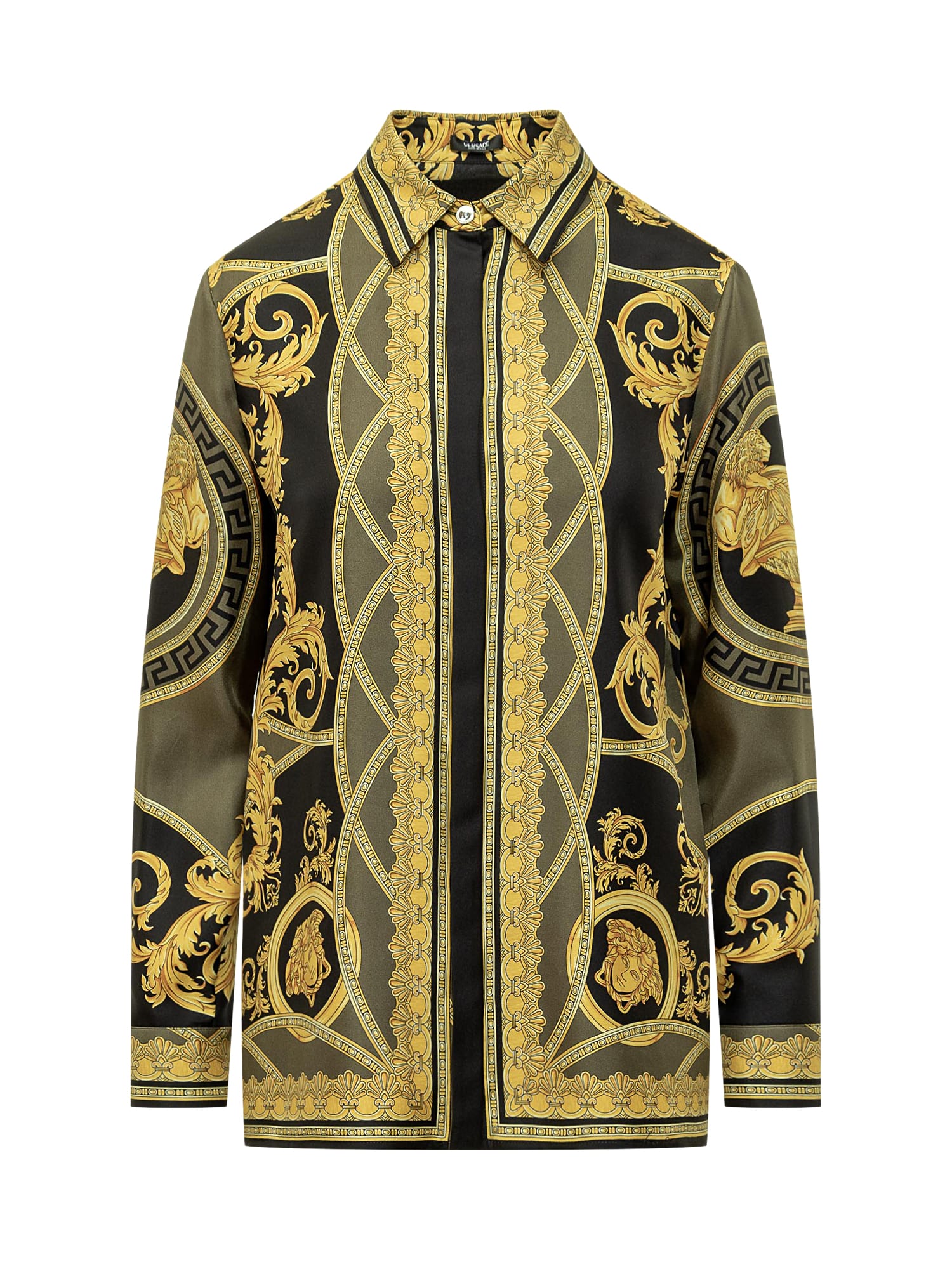 Shop Versace Shirt With La Coupe Des Dieux Print In Black-dark Olive-gold