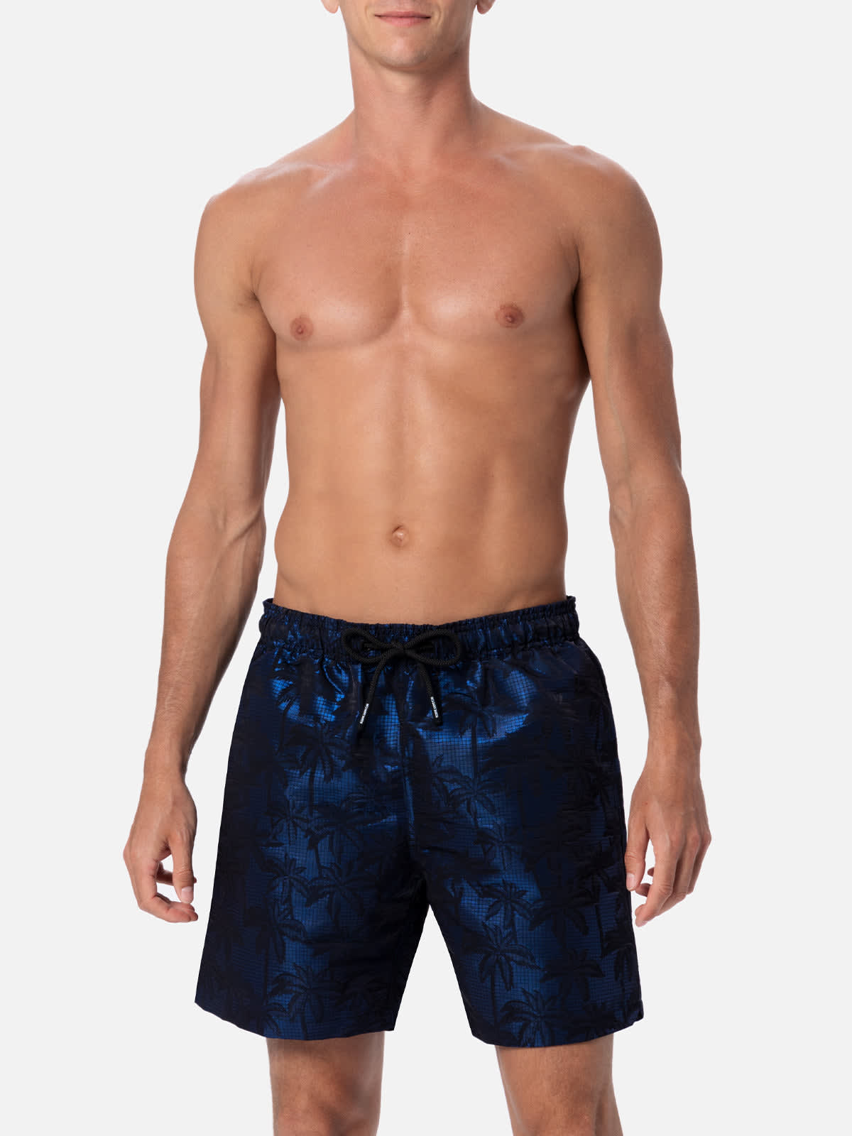 Mc2 Saint Barth Man Ripstop Fabric Swim Shorts Harbour The Riviera With Palm Jacquard Print In Blue