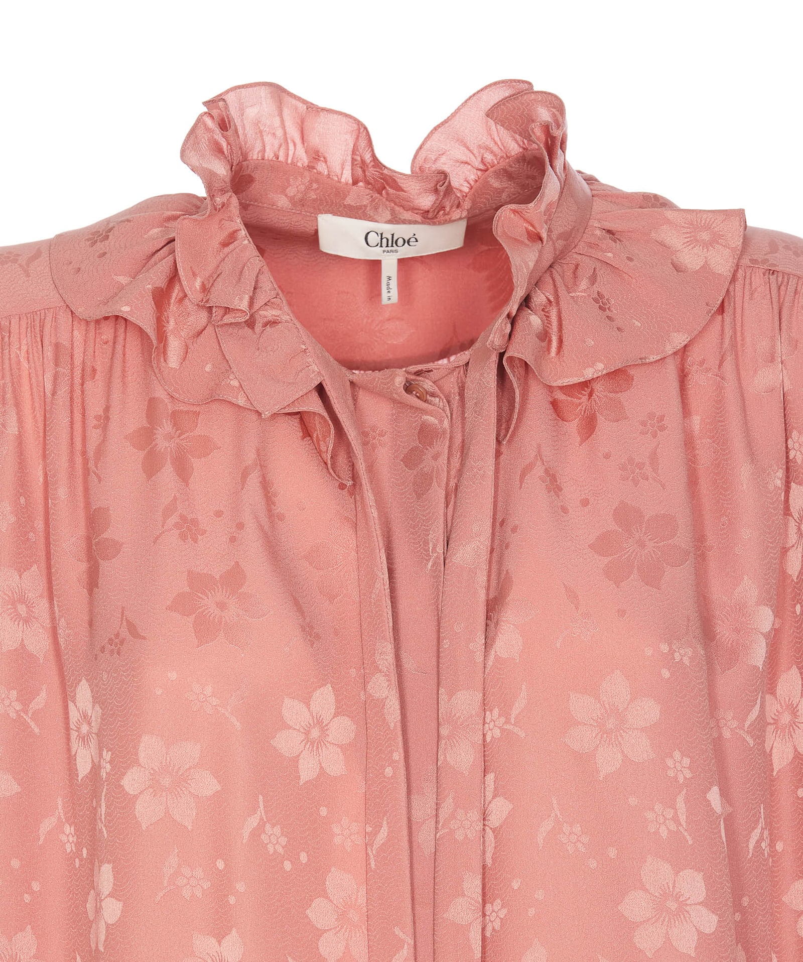 Chloé Floral Jacquard Tie-neck Ruffle Blouse