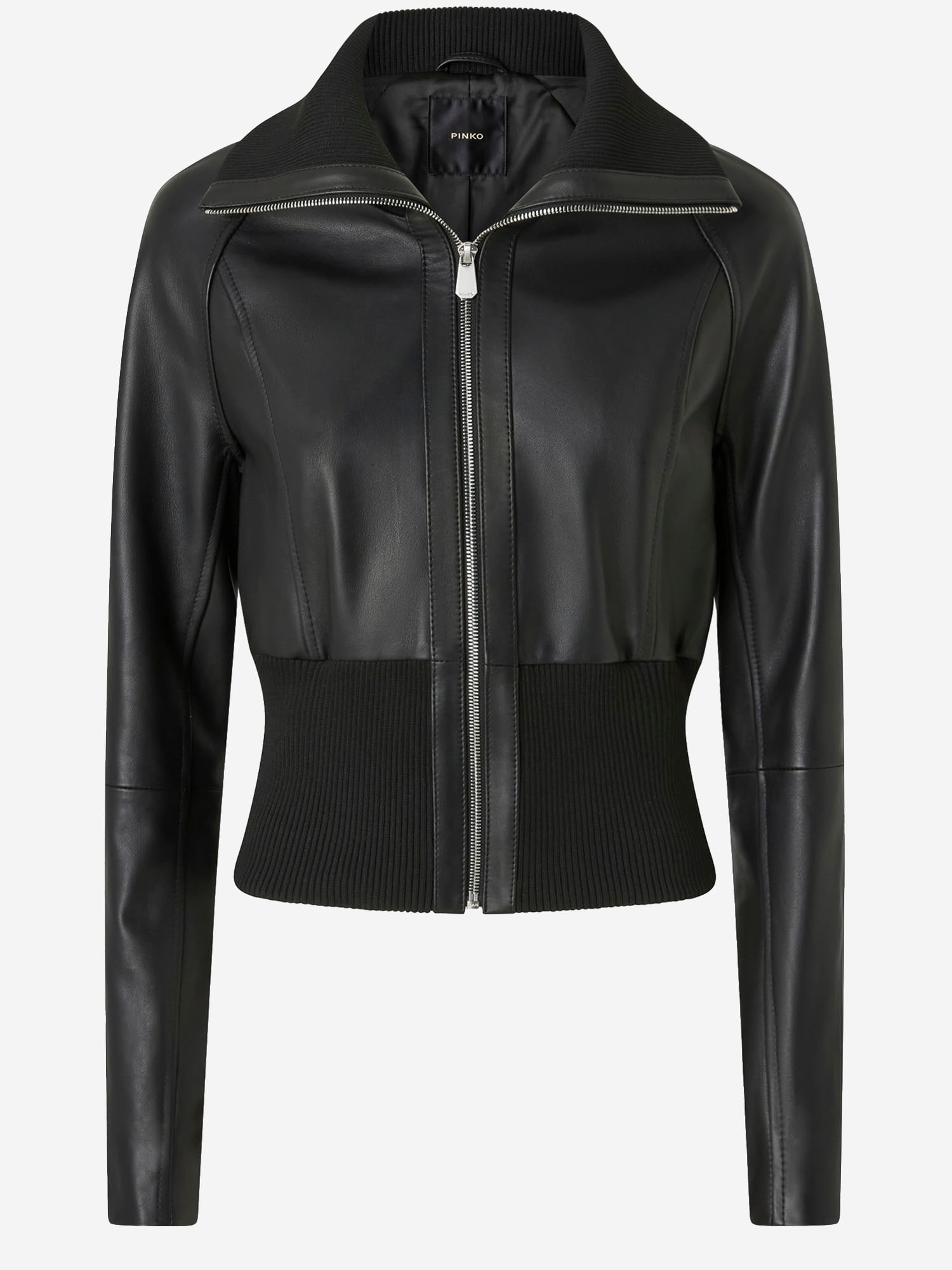 Pinko Short Jacket In Nappa Leather And Knit Fabric In Black