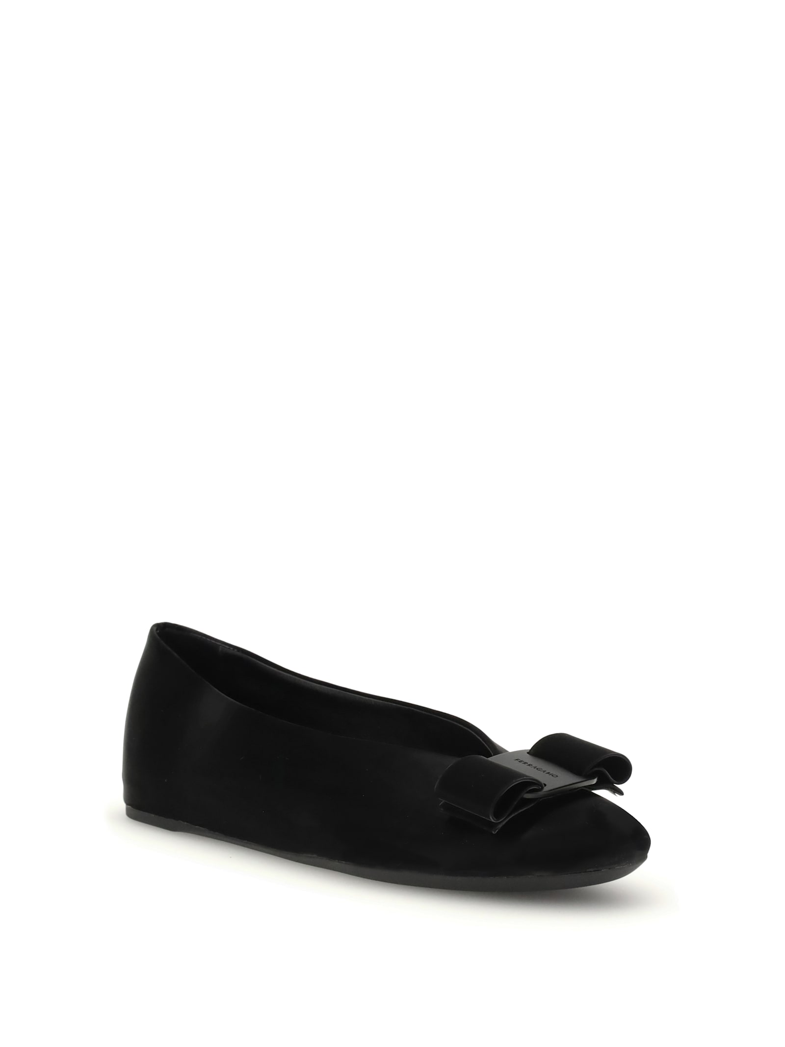 Ferragamo Leather Round Toe Ballerina Shoes With Bow Detail In Black