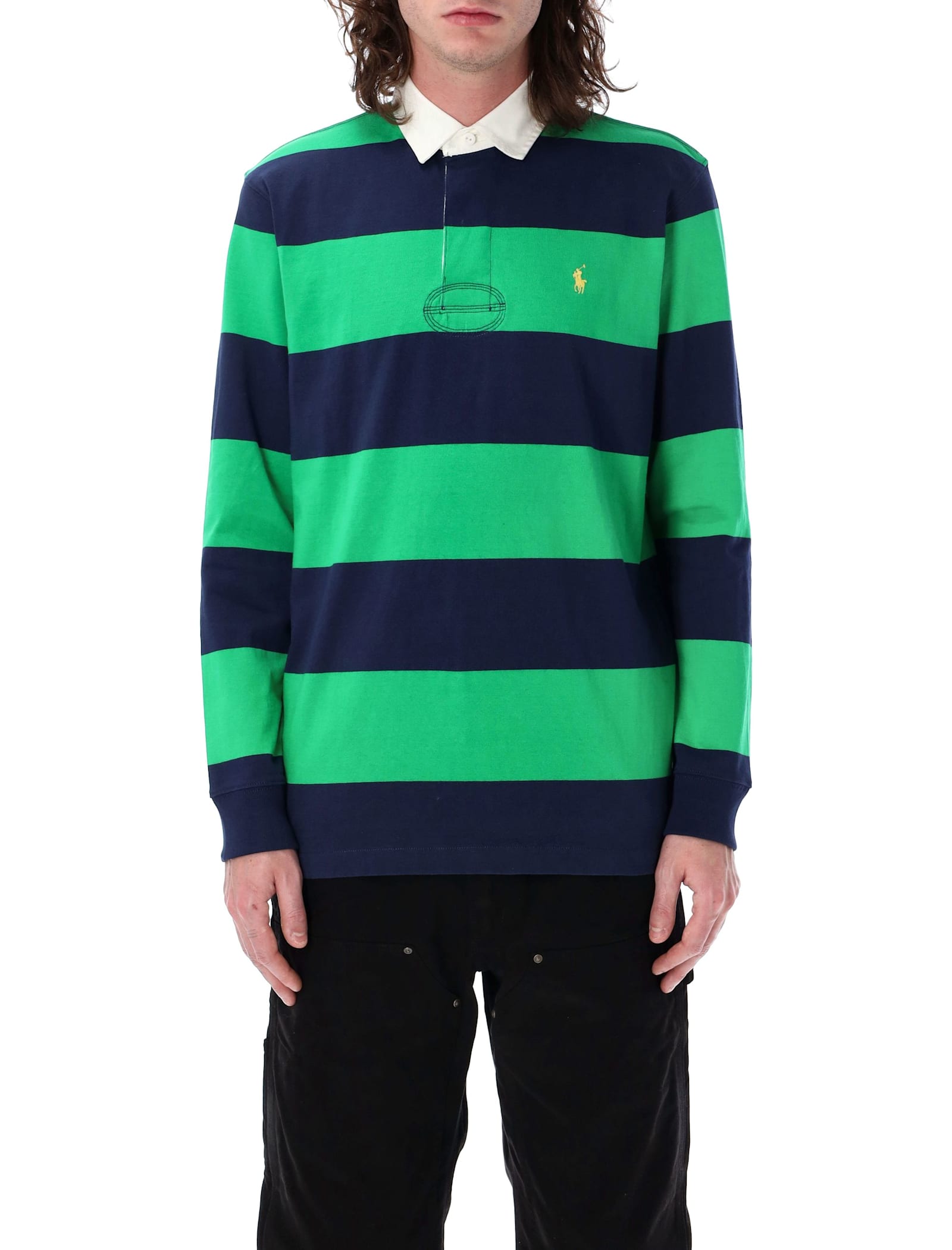 Polo Ralph Lauren Striped Long Sleeve Polo With Half Button Placket In Green Navy