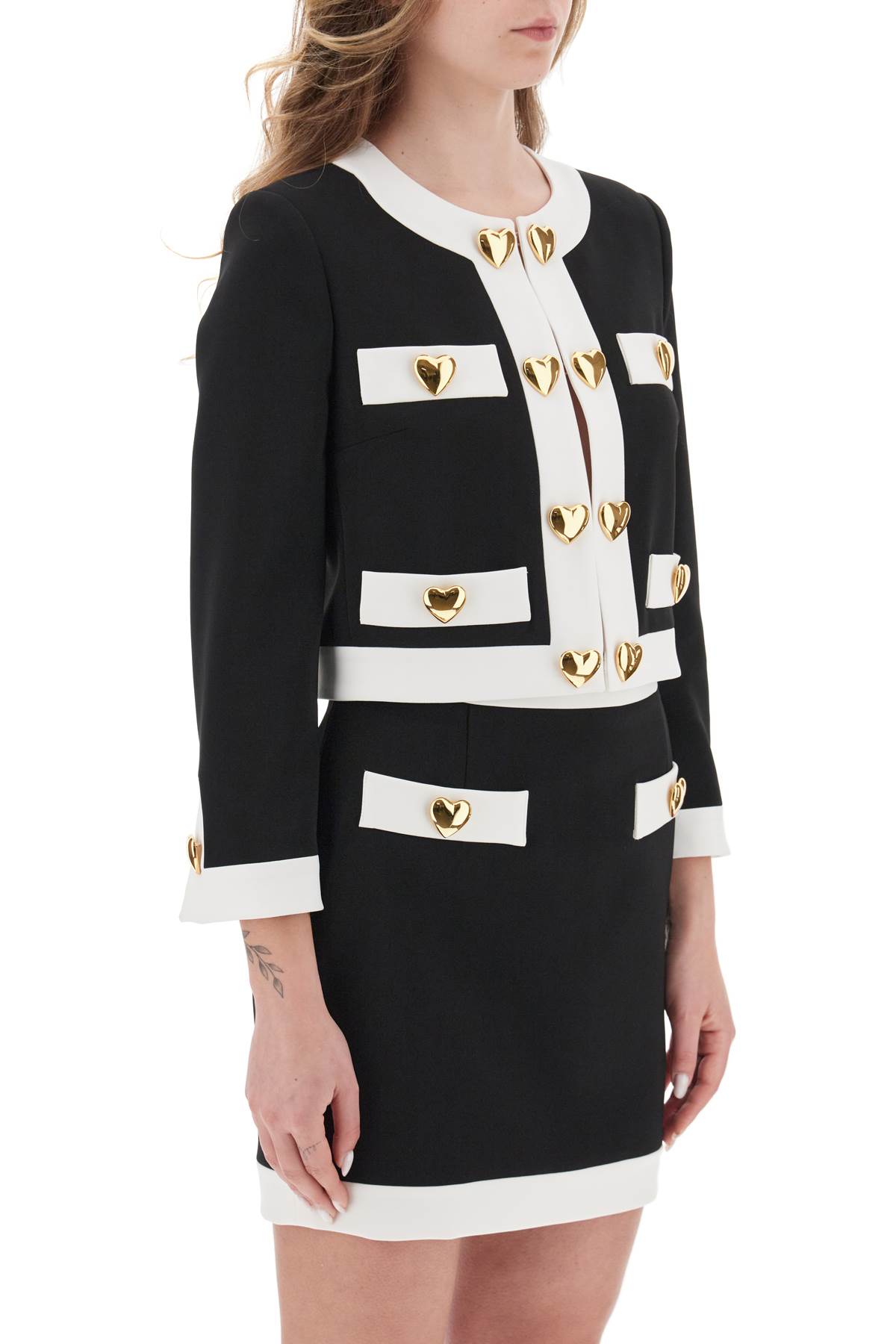 Moschino Heart-embellished Cropped Jacket In Fantasia Nero (white)