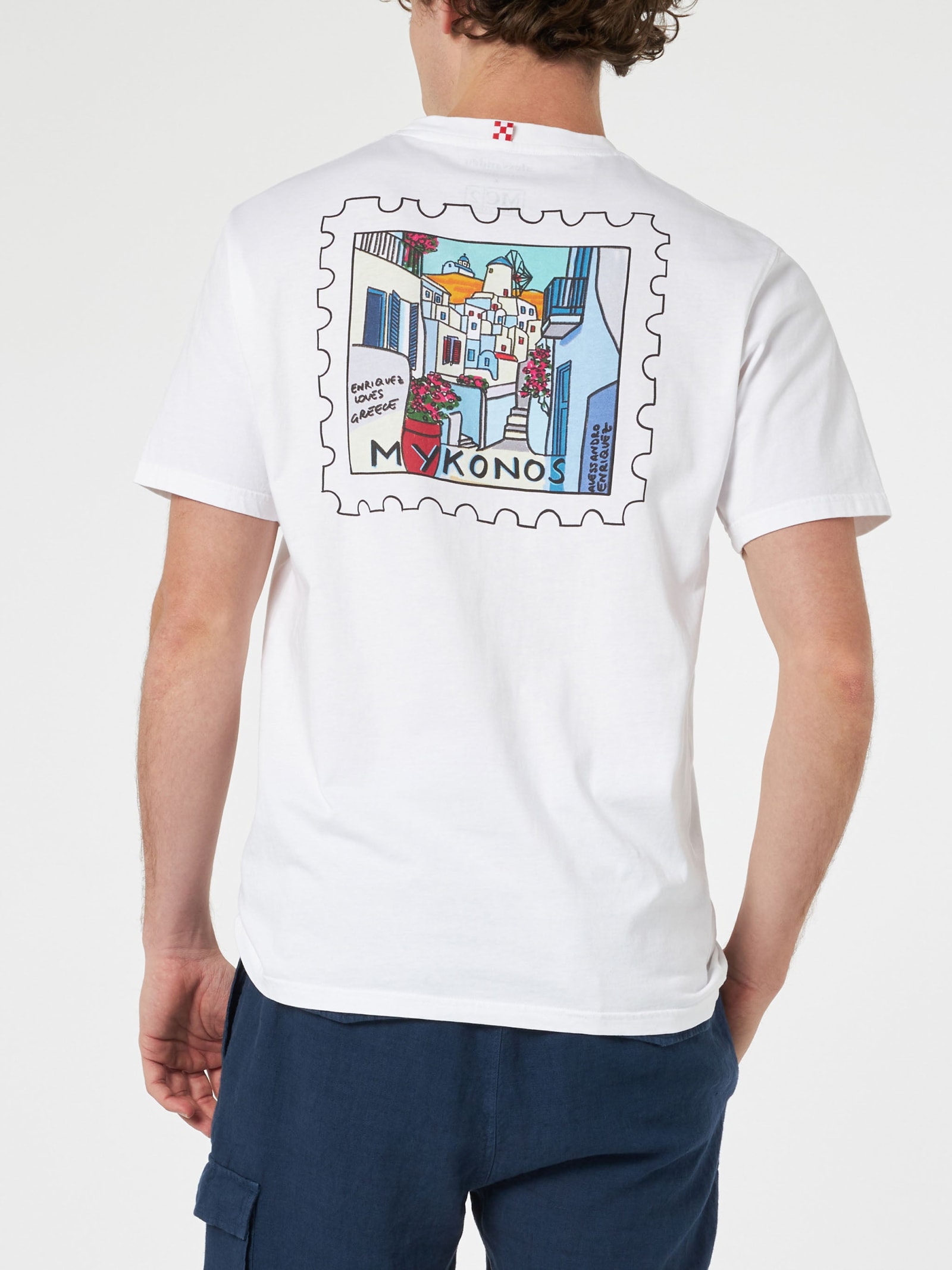 MC2 SAINT BARTH MAN COTTON T-SHIRT WITH MYKONOS POSTCARD FRONT AND BACK PRINT ALESSANDRO ENRIQUEZ SPECIAL EDITION