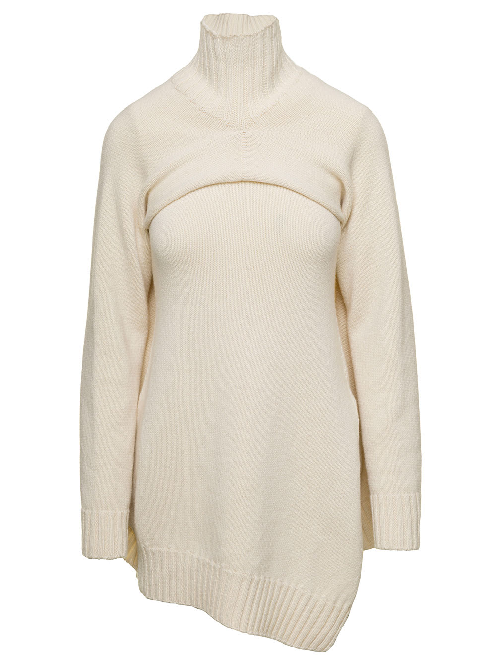JIL SANDER CREAM WHITE TWO-PIECE SWEATER WITH HIGH-NECK IN WOOL WOMAN