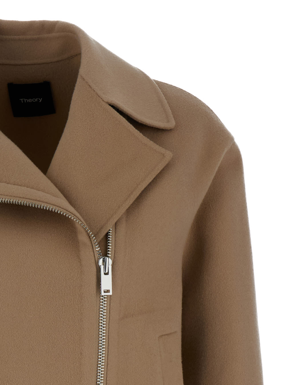 Shop Theory Brown Biker Jacket With Zip In Wool And Cashmere Woman In Beige