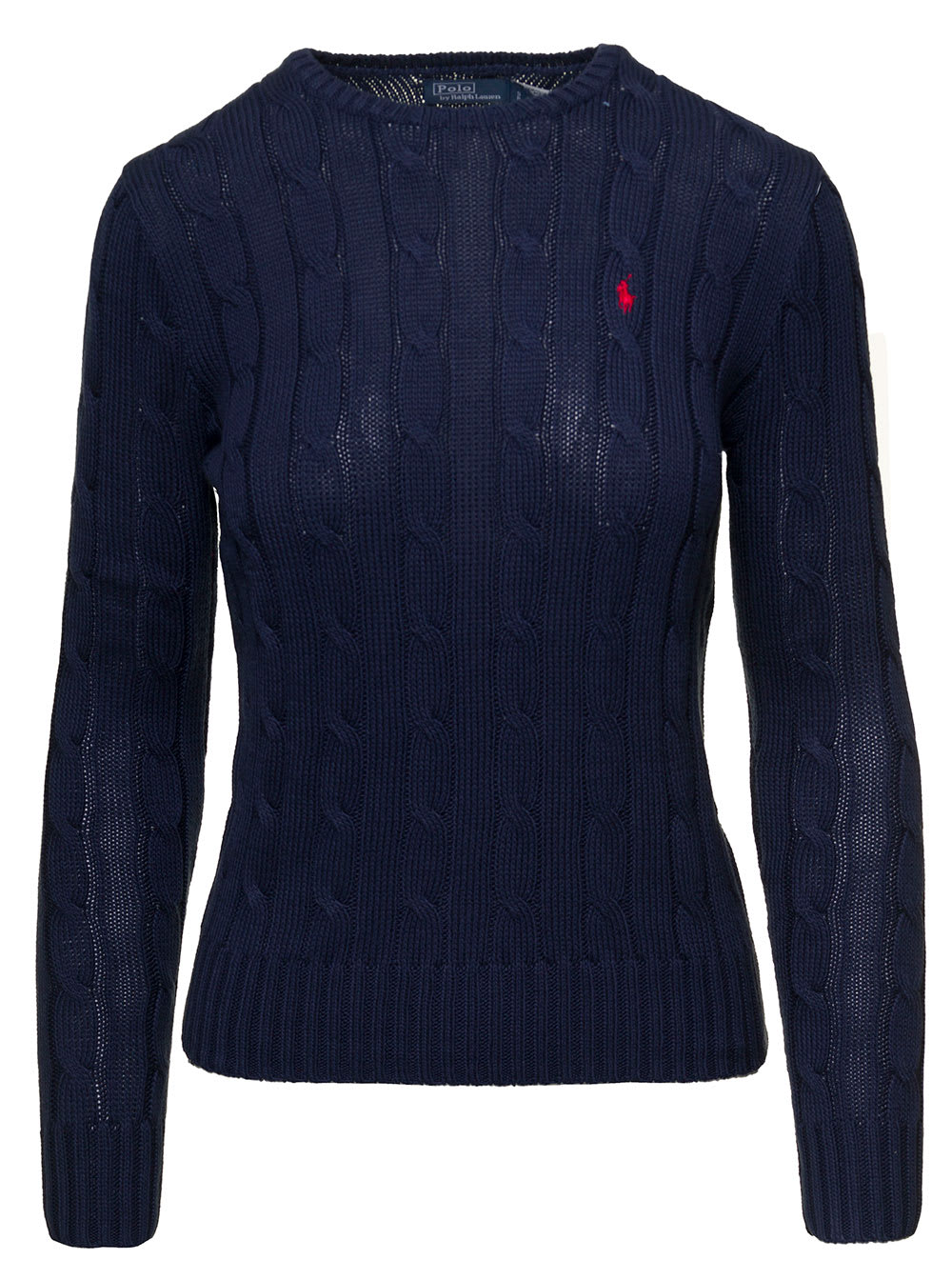 RALPH LAUREN JULIANA BLUE CABLE KNIT PULLOVER WITH CONTRASTING EMBROIDERED LOGO IN COTTON WOMAN